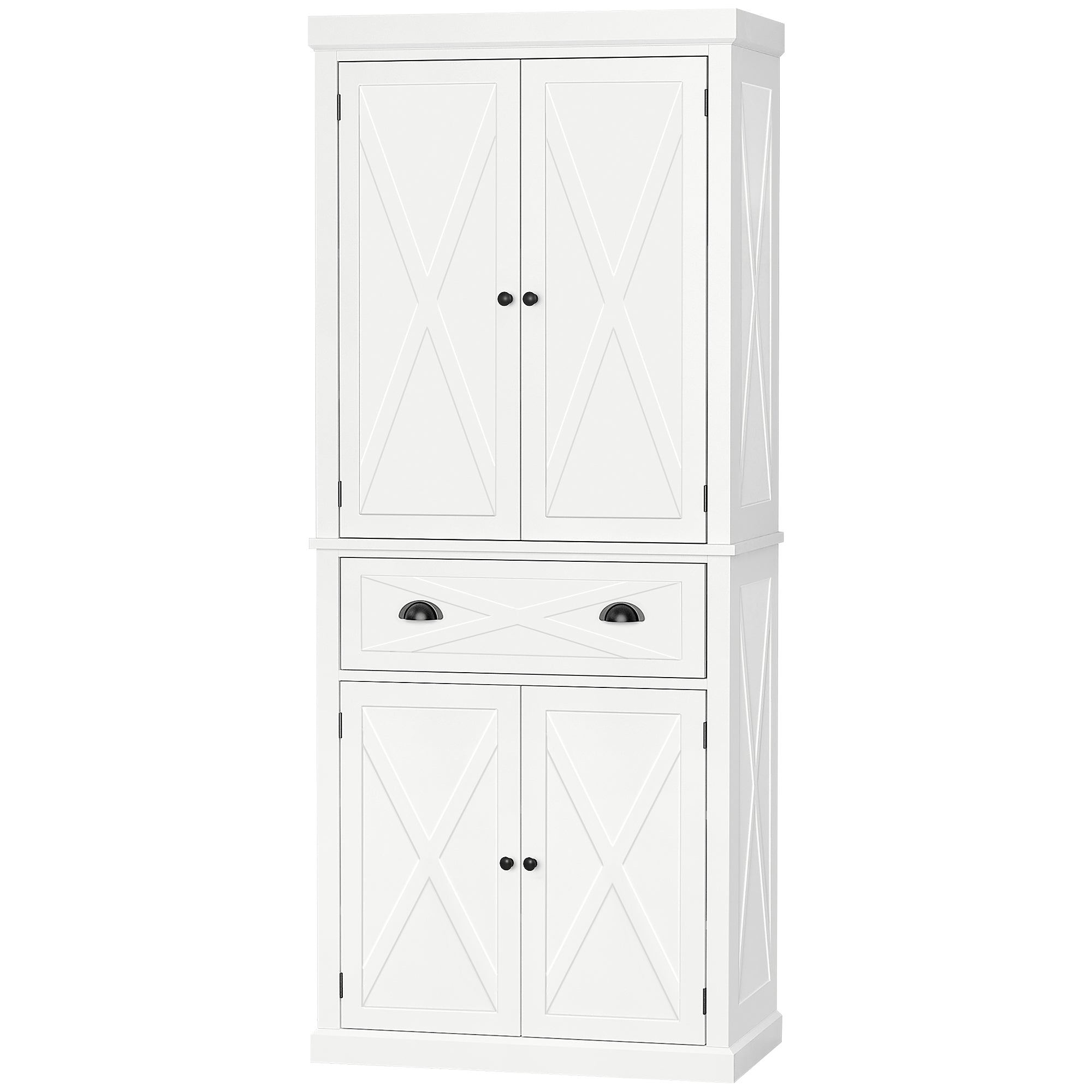 72" Kitchen Pantry Storage Cabinet Traditional Freestanding Cupboard w/ 4 Doors 2 Shelves White