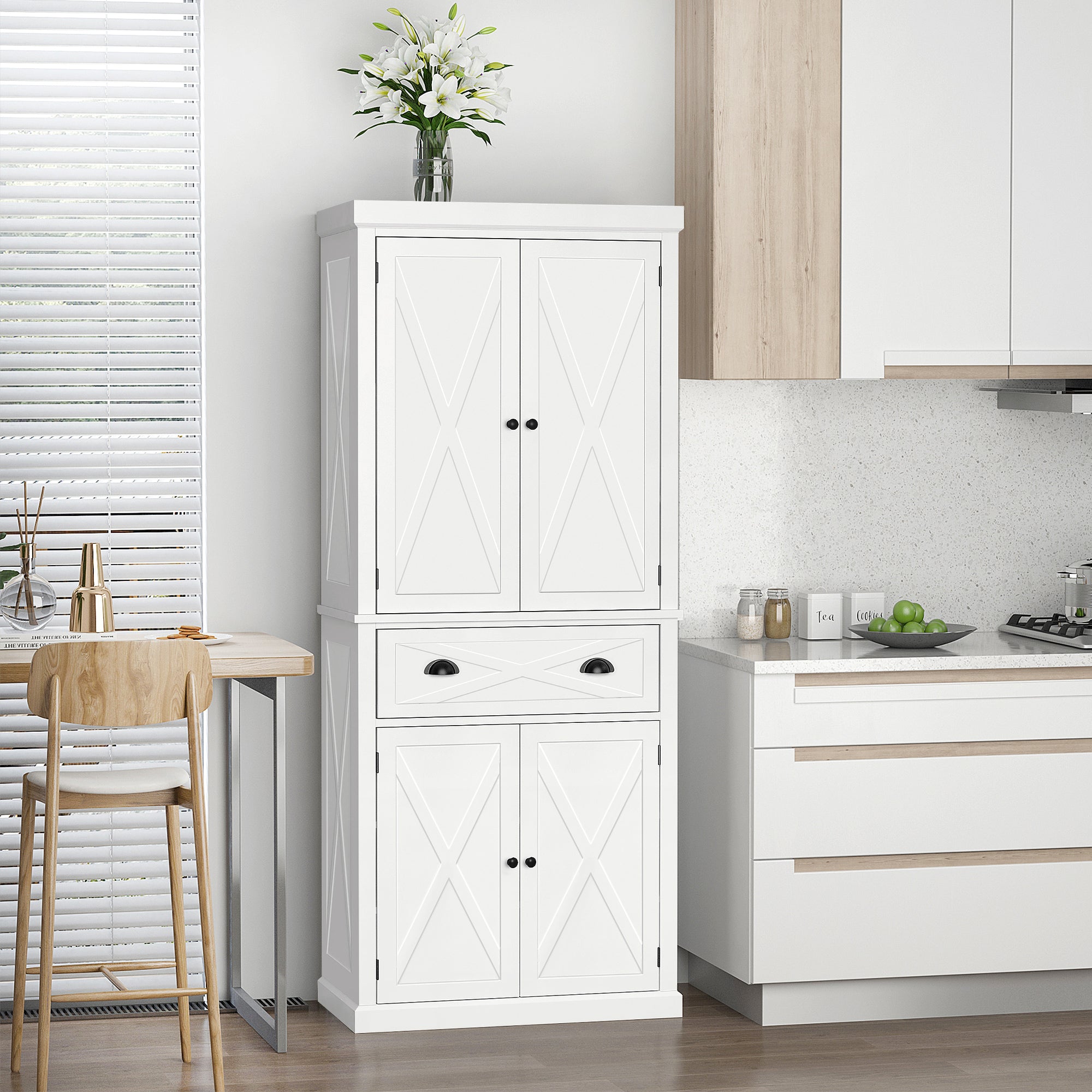 72" Kitchen Pantry Storage Cabinet Traditional Freestanding Cupboard w/ 4 Doors 2 Shelves White