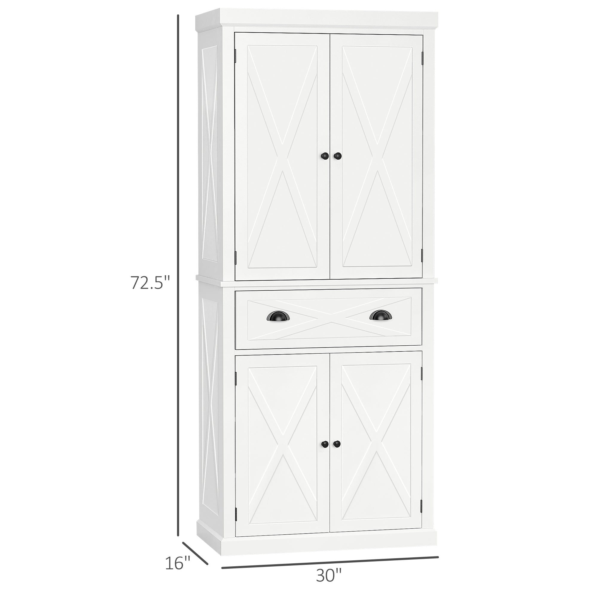 72" Kitchen Pantry Storage Cabinet Traditional Freestanding Cupboard w/ 4 Doors 2 Shelves White