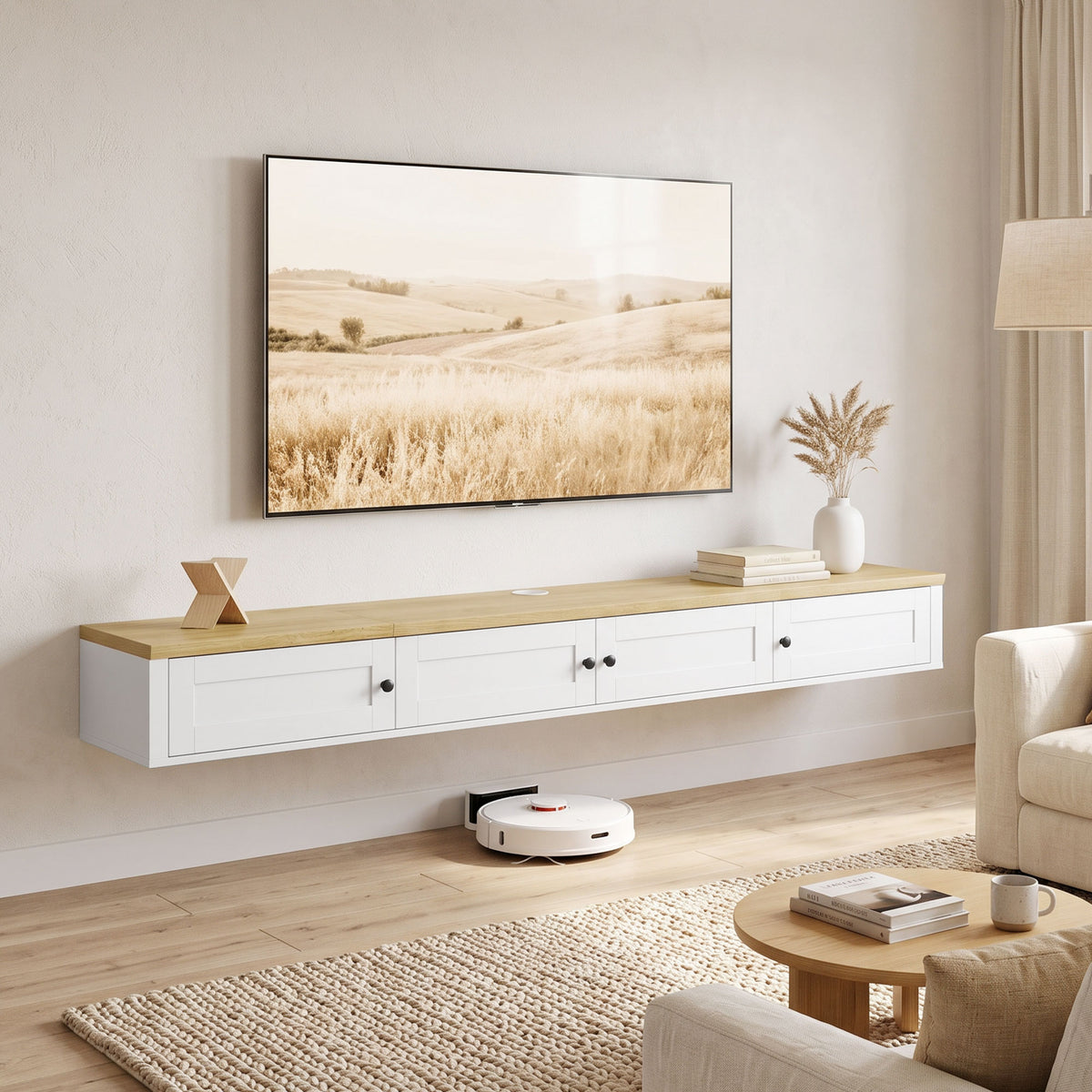 Floating TV Stand for TVs up to 82 Inch, Modern Wall Mounted Media Console with Power Outlets, Entertainment Center with Storage Shelves for Living Room, Bedroom, White