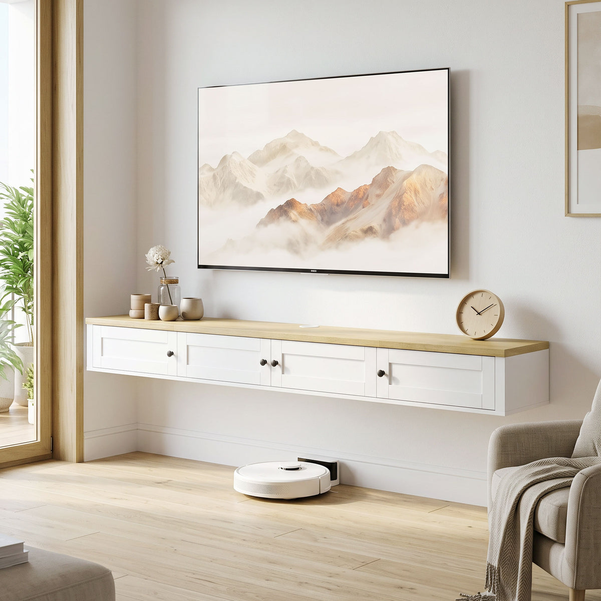 Floating TV Stand for TVs up to 82 Inch, Modern Wall Mounted Media Console with Power Outlets, Entertainment Center with Storage Shelves for Living Room, Bedroom, White