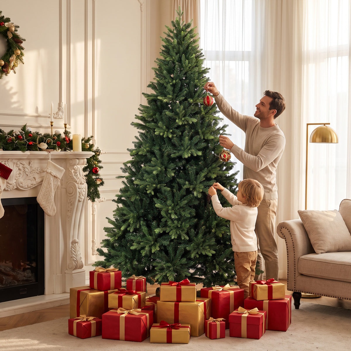 7ft Artificial Christmas Tree, Hinged Xmas Tree with 3834 PE & PVC Branch Tips, Solid Fir Wood Stand, Auto Open for Home Office Holiday Decoration, Green