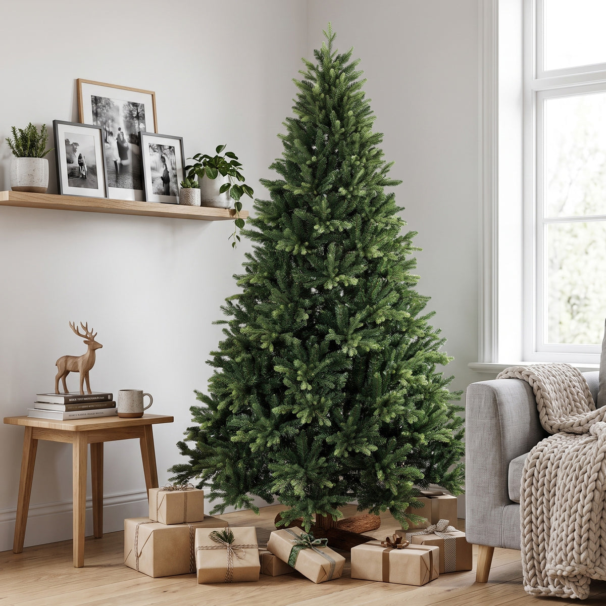 7ft Artificial Christmas Tree, Hinged Xmas Tree with 3834 PE & PVC Branch Tips, Solid Fir Wood Stand, Auto Open for Home Office Holiday Decoration, Green