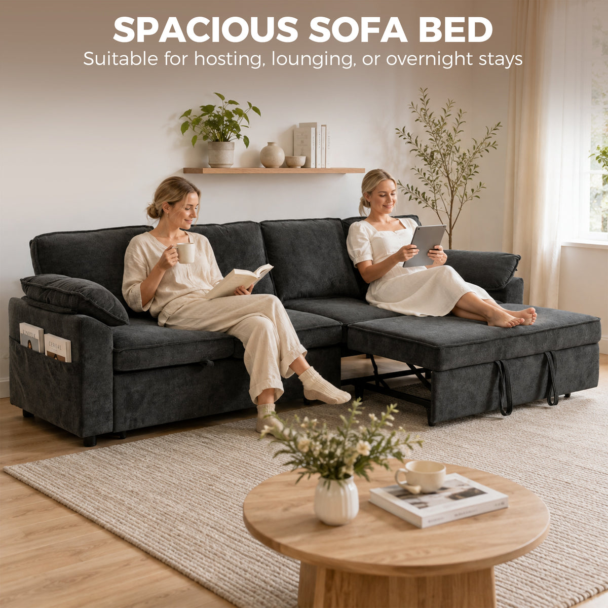Sectional Sofa Bed, Sleeper Sofa Bed Couch with Double Pullout, Integrated Footrest, Chenille Fabric Futon for Living Room Bedroom Study, Dark Grey