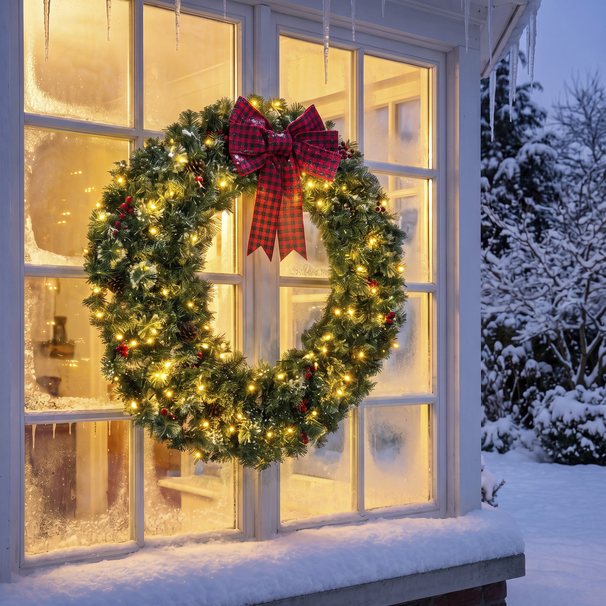 36 in Pre-Lit Crestwood Spruce Artificial Christmas Wreath, Christmas Decoration with Bow, 100 LED Lights, 330 Tips, 8 Modes, Red Berries, Pinecones for Door, Indoor Covered Outdoor, Green
