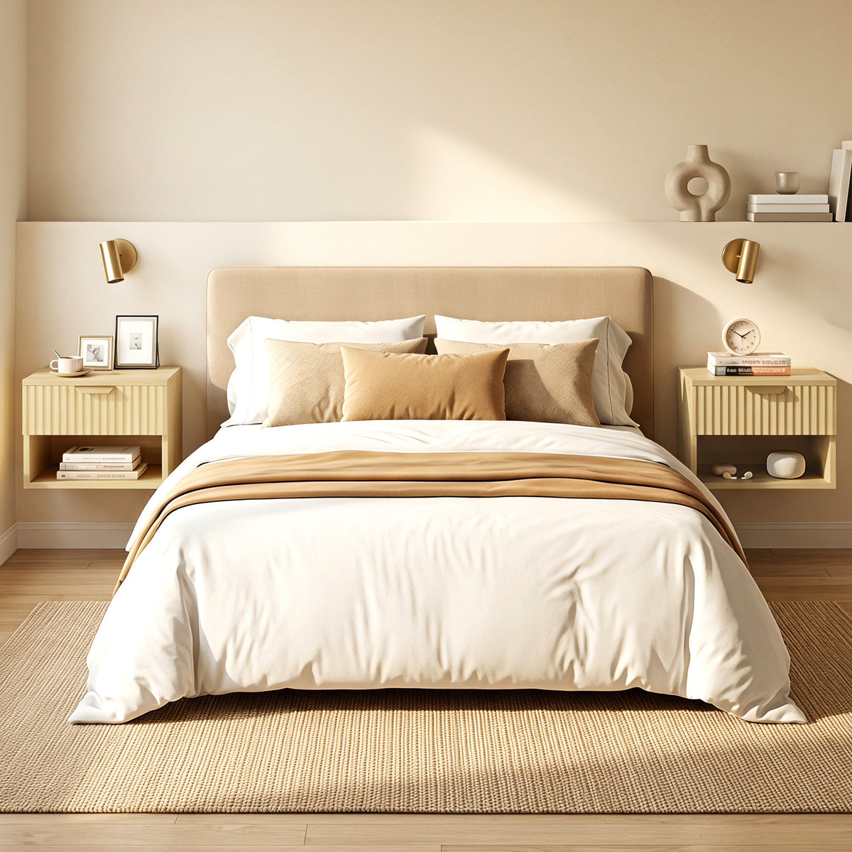 Floating Nightstands Set of 2, Modern Wall-Mounted Bedside Tables with Fluted Drawer and Open Shelf for Bedroom, Oak