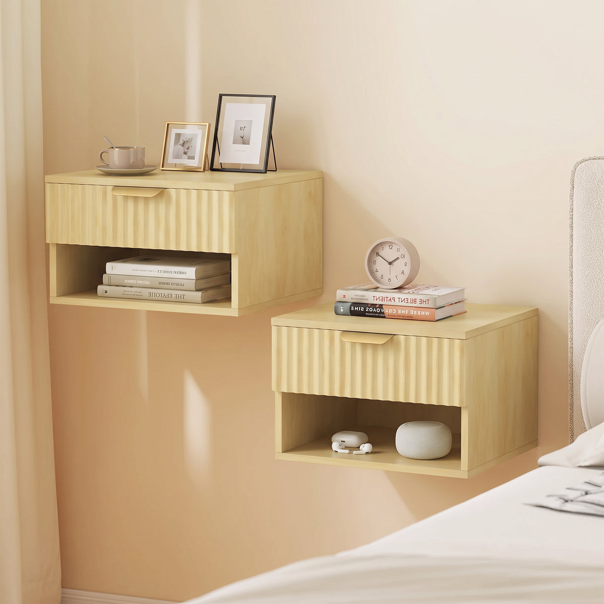 Floating Nightstands Set of 2, Modern Wall-Mounted Bedside Tables with Fluted Drawer and Open Shelf for Bedroom, Oak
