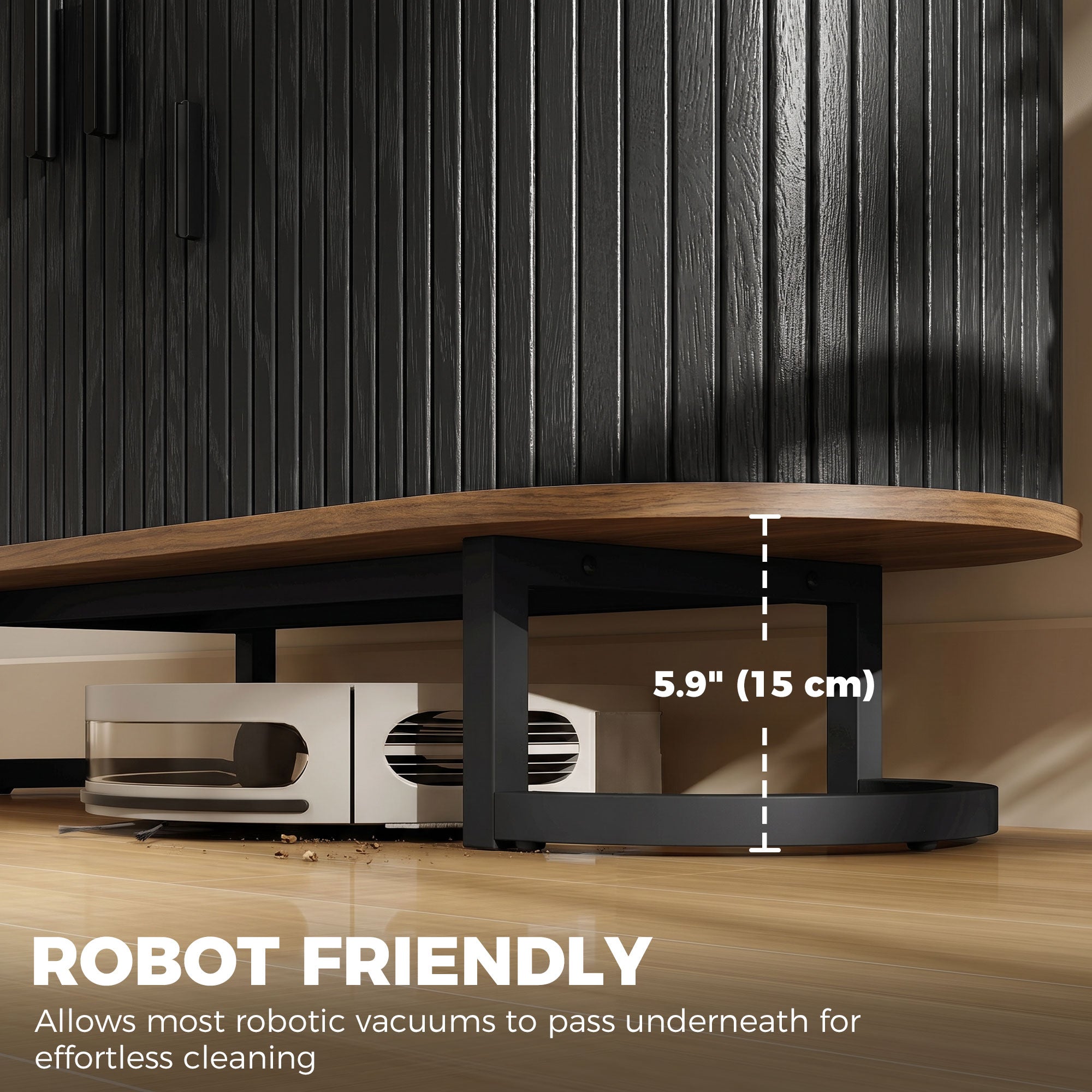 Sideboard Buffet Cabinet with Curved Tambour Doors and Thick Tabletop, 39.4" Coffee Bar Cabinet with Arc Metal Legs, Coffee Bar Station, Brown Wood Grain and Black