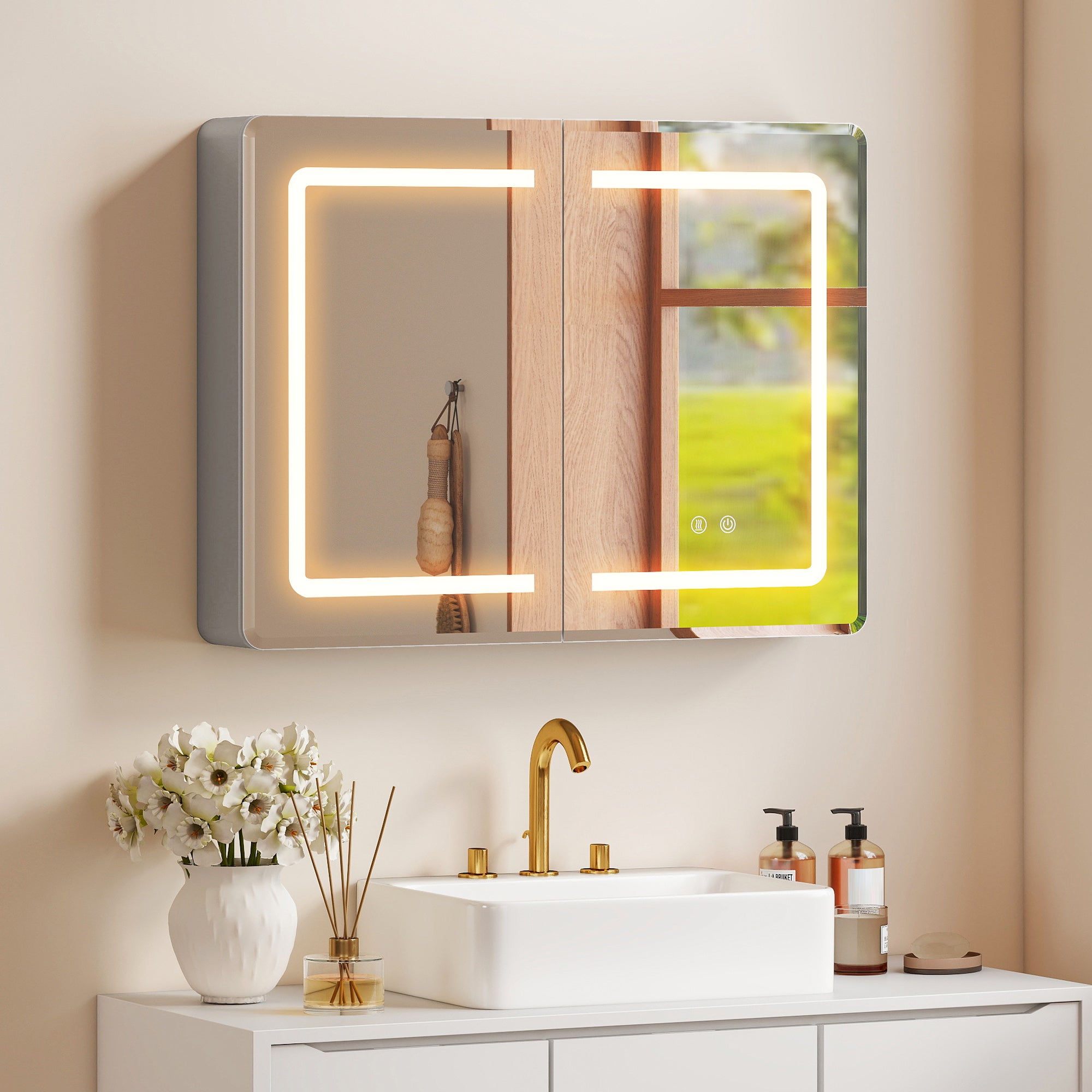 Bathroom Mirror Cabinet with LED Lights and Double-Sided Mirrors, 600 x 800 mm Aluminium Wall Mounted Bathroom Cabinet with Anti-Fog, 3 Colour Dimmable Lighting, Adjustable Shelves