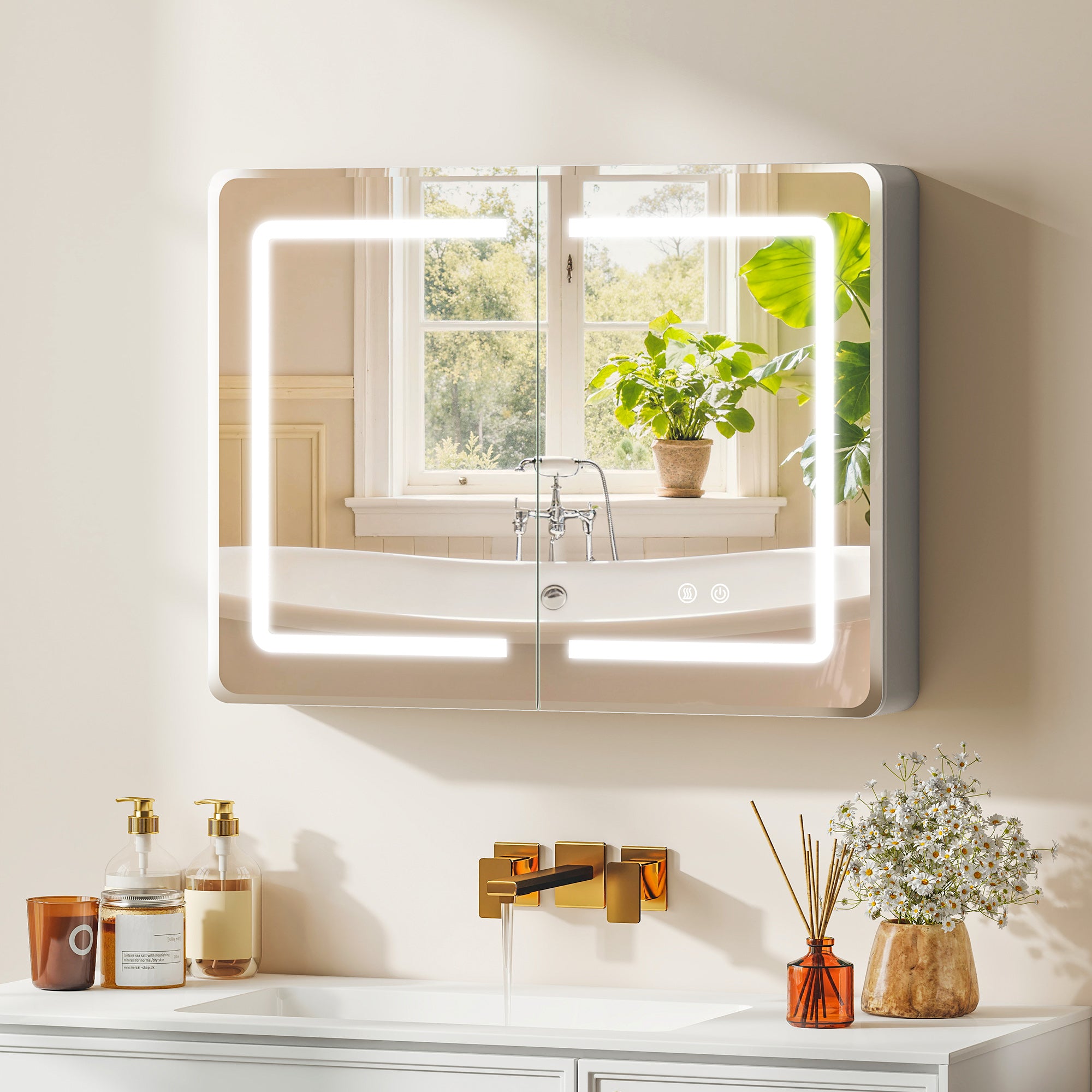 Bathroom Mirror Cabinet with LED Lights and Double-Sided Mirrors, 600 x 800 mm Aluminium Wall Mounted Bathroom Cabinet with Anti-Fog, 3 Colour Dimmable Lighting, Adjustable Shelves