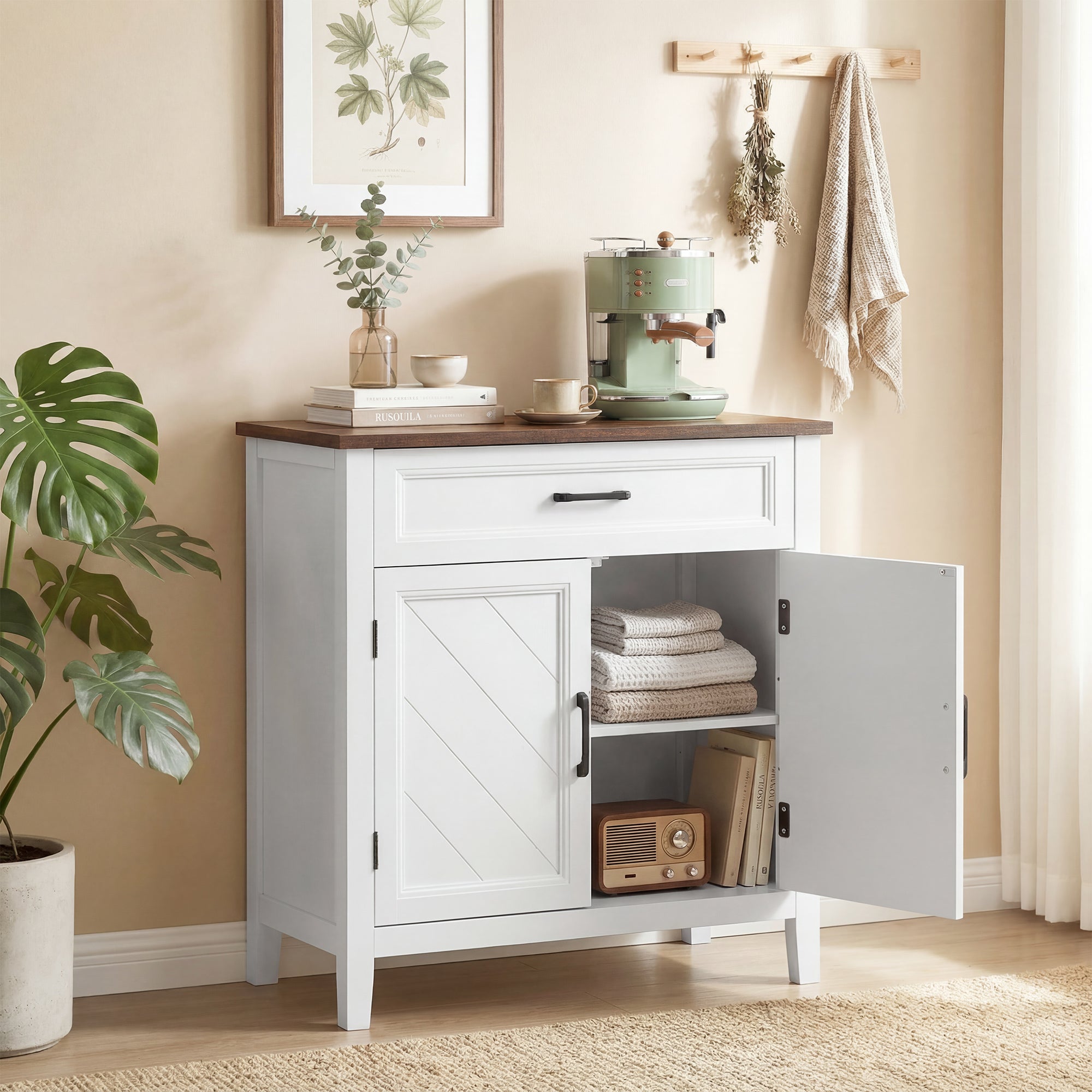 Modern Farmhouse Sideboard Buffet Cabinet with Storage & 2 Doors, 30" Narrow Sideboard, Kitchen Storage Cabinet with Adjustable Shelf, for Kitchen, Living Room, White