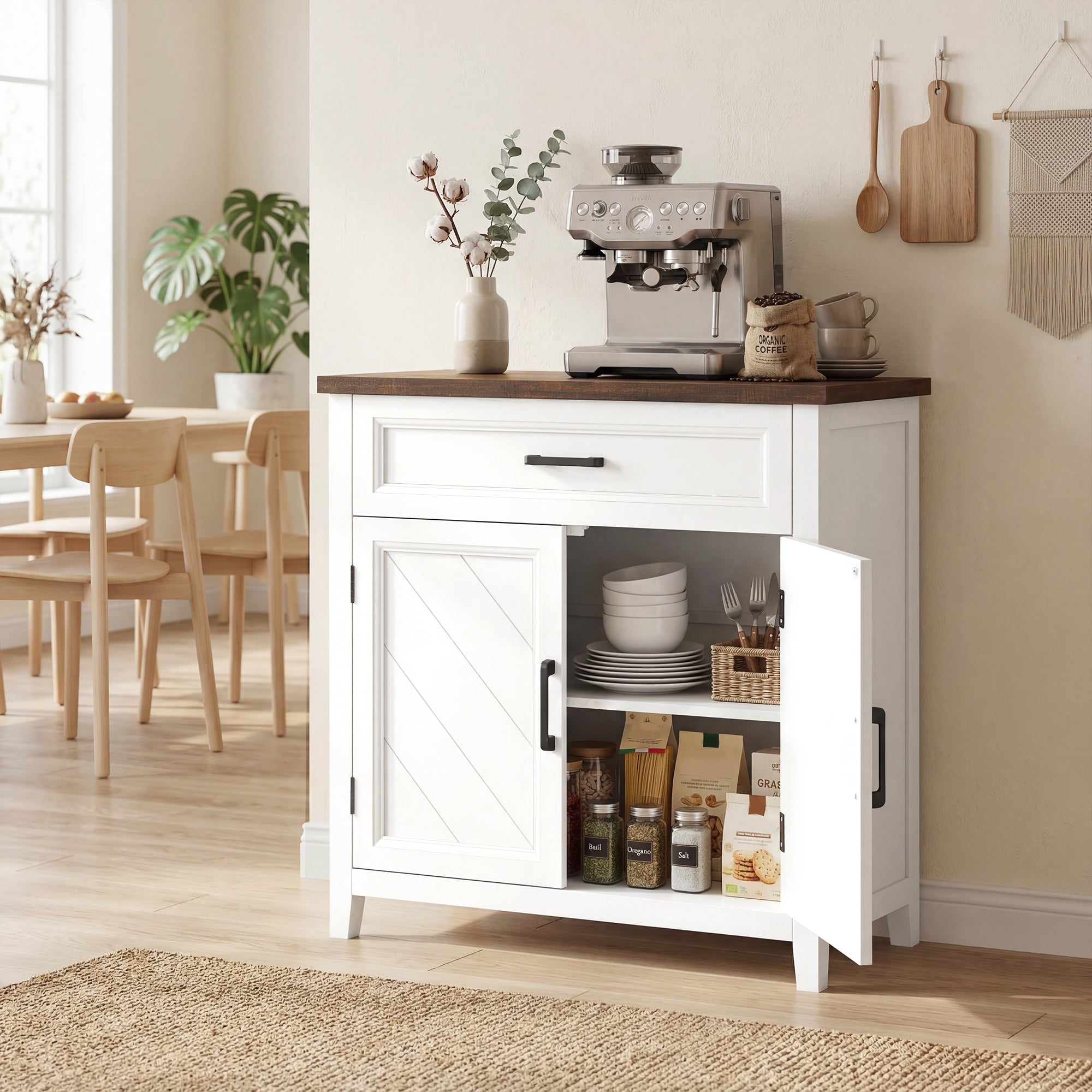 Modern Farmhouse Sideboard Buffet Cabinet with Storage & 2 Doors, 30" Narrow Sideboard, Kitchen Storage Cabinet with Adjustable Shelf, for Kitchen, Living Room, White
