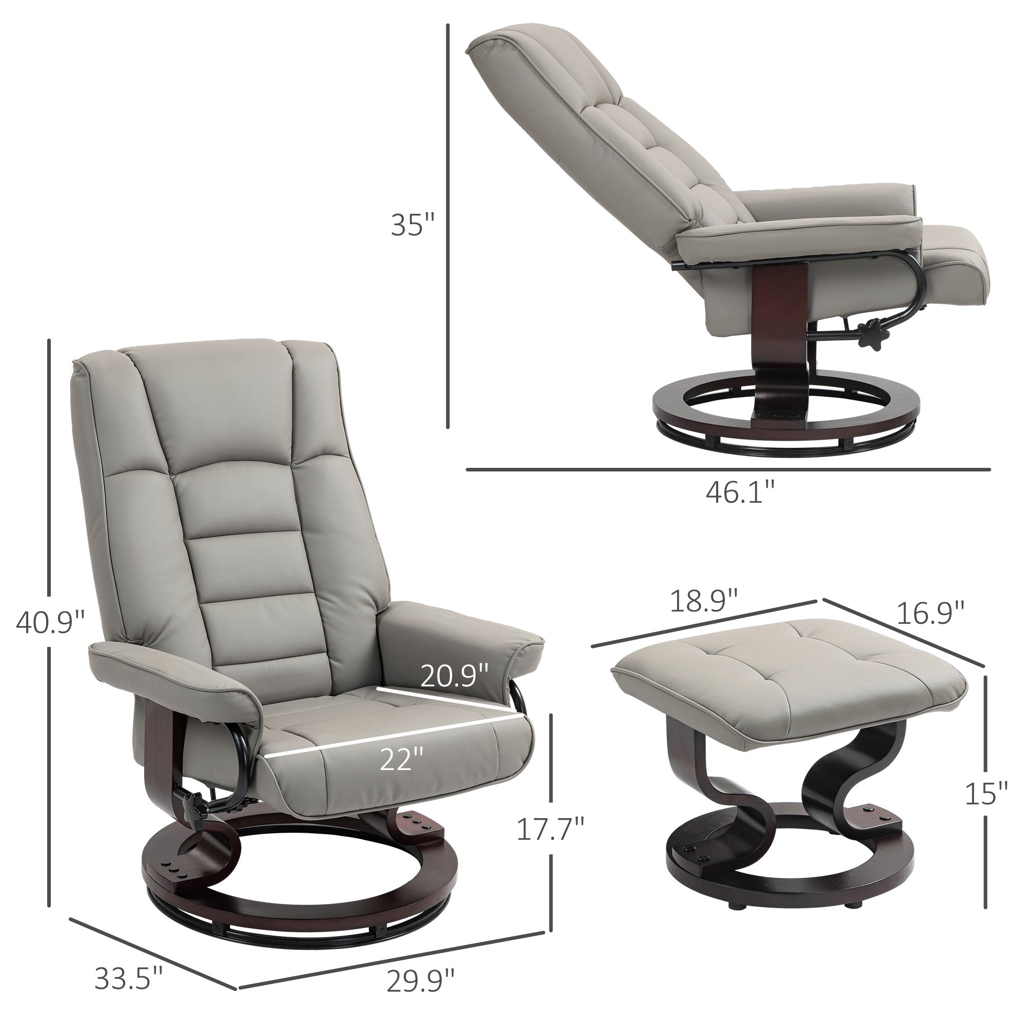 Faux Leather Reclining Chair with Ottoman, Manual Recliner with Tufted Back and Wood Frame for Living Room, Gray