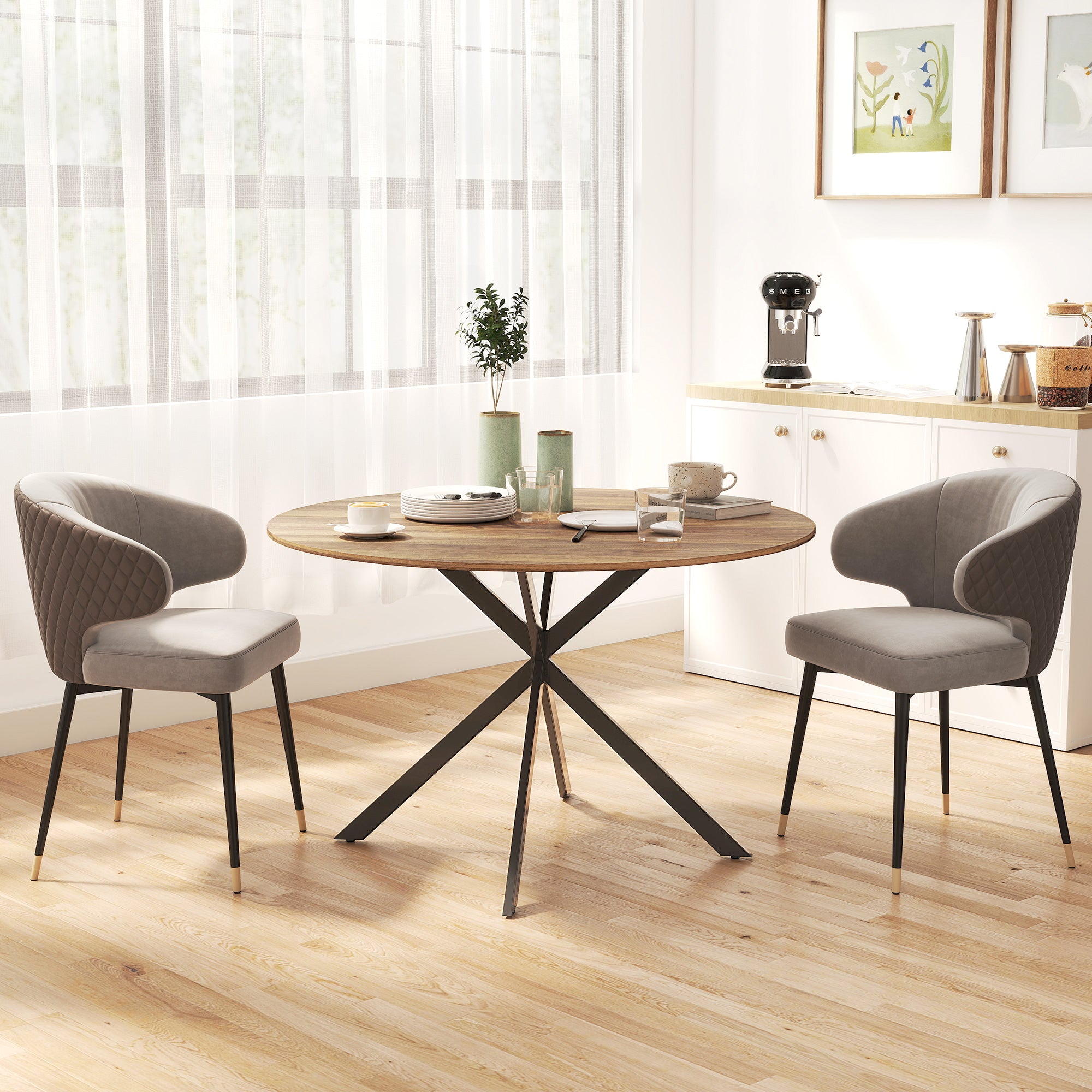 Round Dining Table for 4, 47" Industrial Kitchen Table with Steel Legs for Dining Room, Dark Brown and Black
