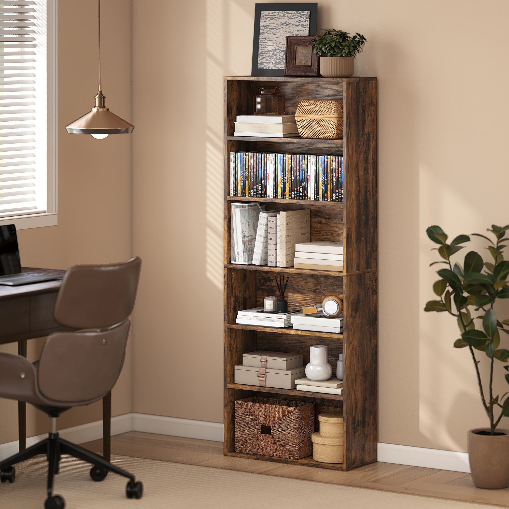 6 Tier Bookshelf, Freestanding Bookcase with Adjustable Shelves, Display Storage Unit for Living Room, Bedroom, Study, 60 x 24 x 158.5 cm, Rustic Brown
