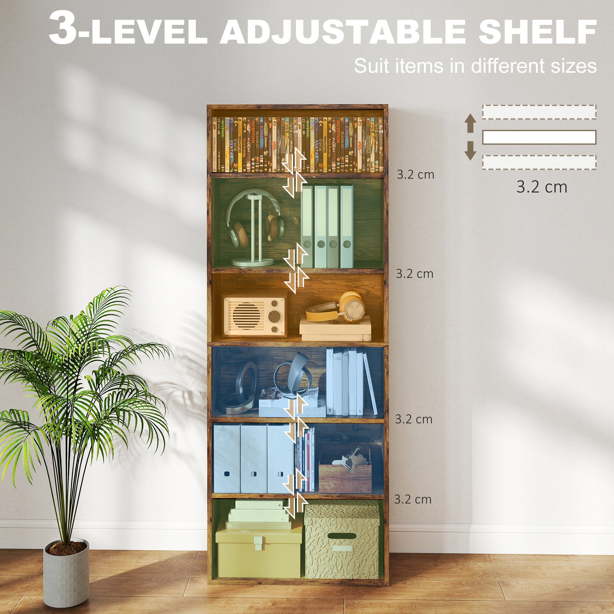 6 Tier Bookshelf, Freestanding Bookcase with Adjustable Shelves, Display Storage Unit for Living Room, Bedroom, Study, 60 x 24 x 158.5 cm, Rustic Brown