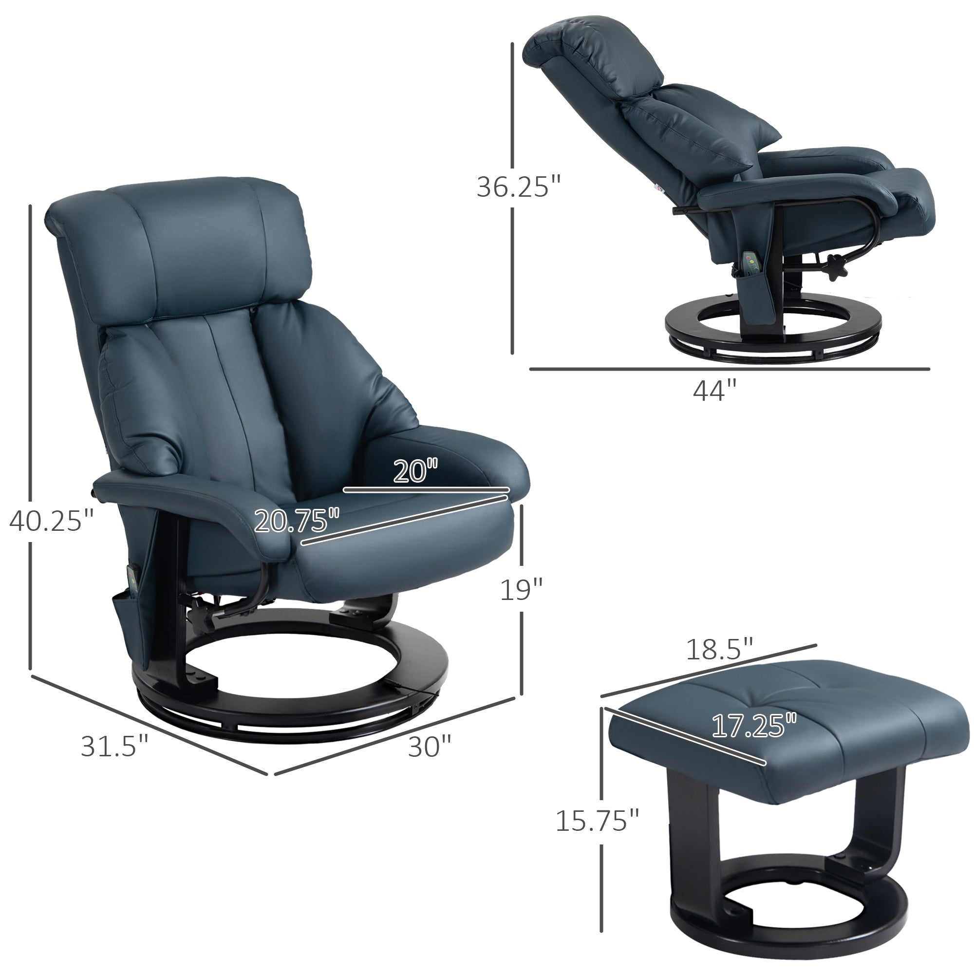 Massage Recliner Chair with Ottoman, 360° Swivel Recliner and Footstool, 10-Point Vibration, PU Leather Reclining Chair with Remote Control, Blue