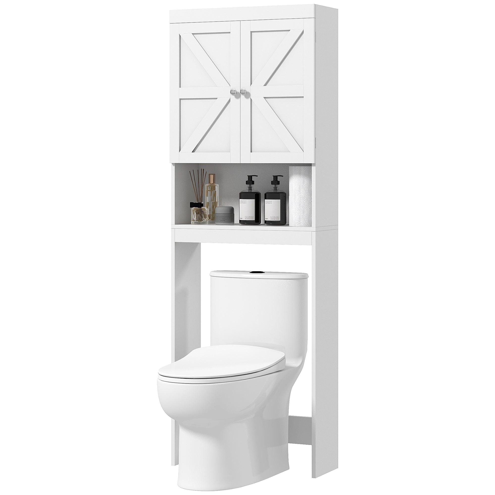 HOMCOM Over The Toilet Storage Cabinet, Bathroom Cabinet Over Toilet with Barn-style Doors, Open Shelf and Adjustable Back Crossbar, White