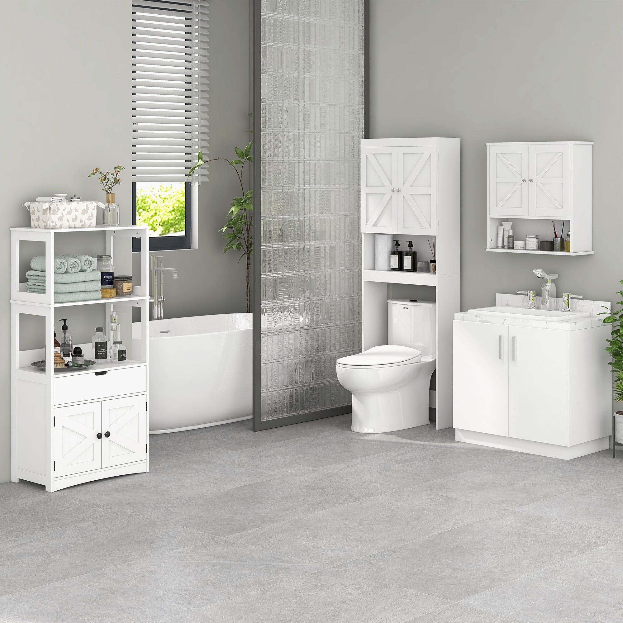 HOMCOM Over The Toilet Storage Cabinet, Bathroom Cabinet Over Toilet with Barn-style Doors, Open Shelf and Adjustable Back Crossbar, White