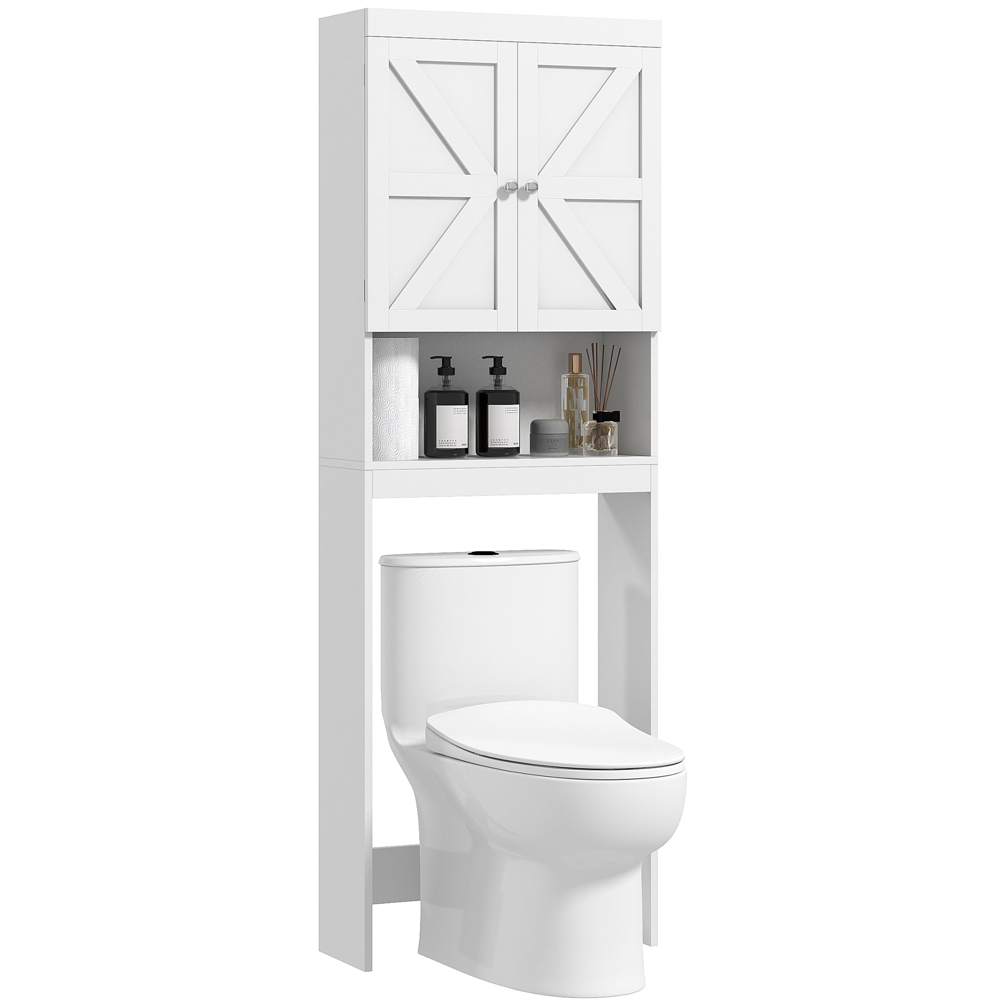 HOMCOM Over The Toilet Storage Cabinet, Bathroom Cabinet Over Toilet with Barn-style Doors, Open Shelf and Adjustable Back Crossbar, White