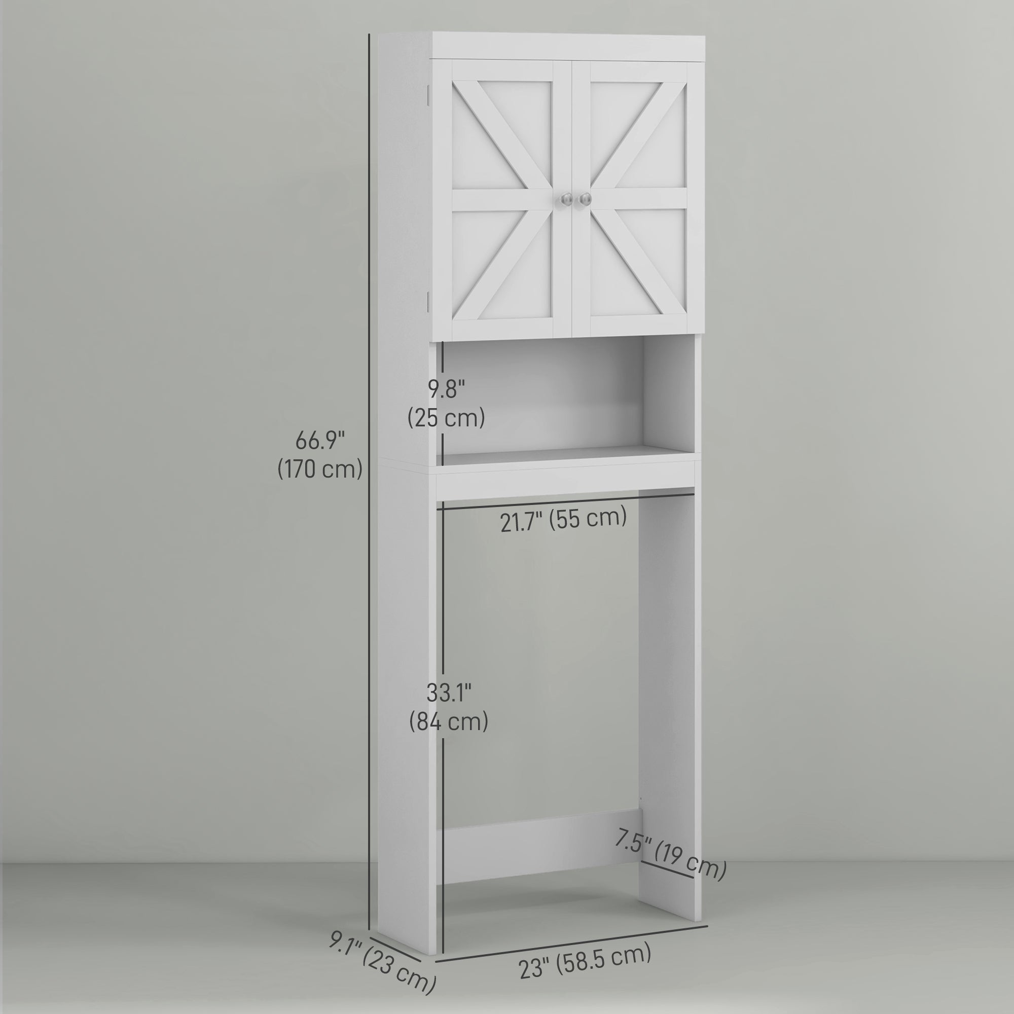 HOMCOM Over The Toilet Storage Cabinet, Bathroom Cabinet Over Toilet with Barn-style Doors, Open Shelf and Adjustable Back Crossbar, White