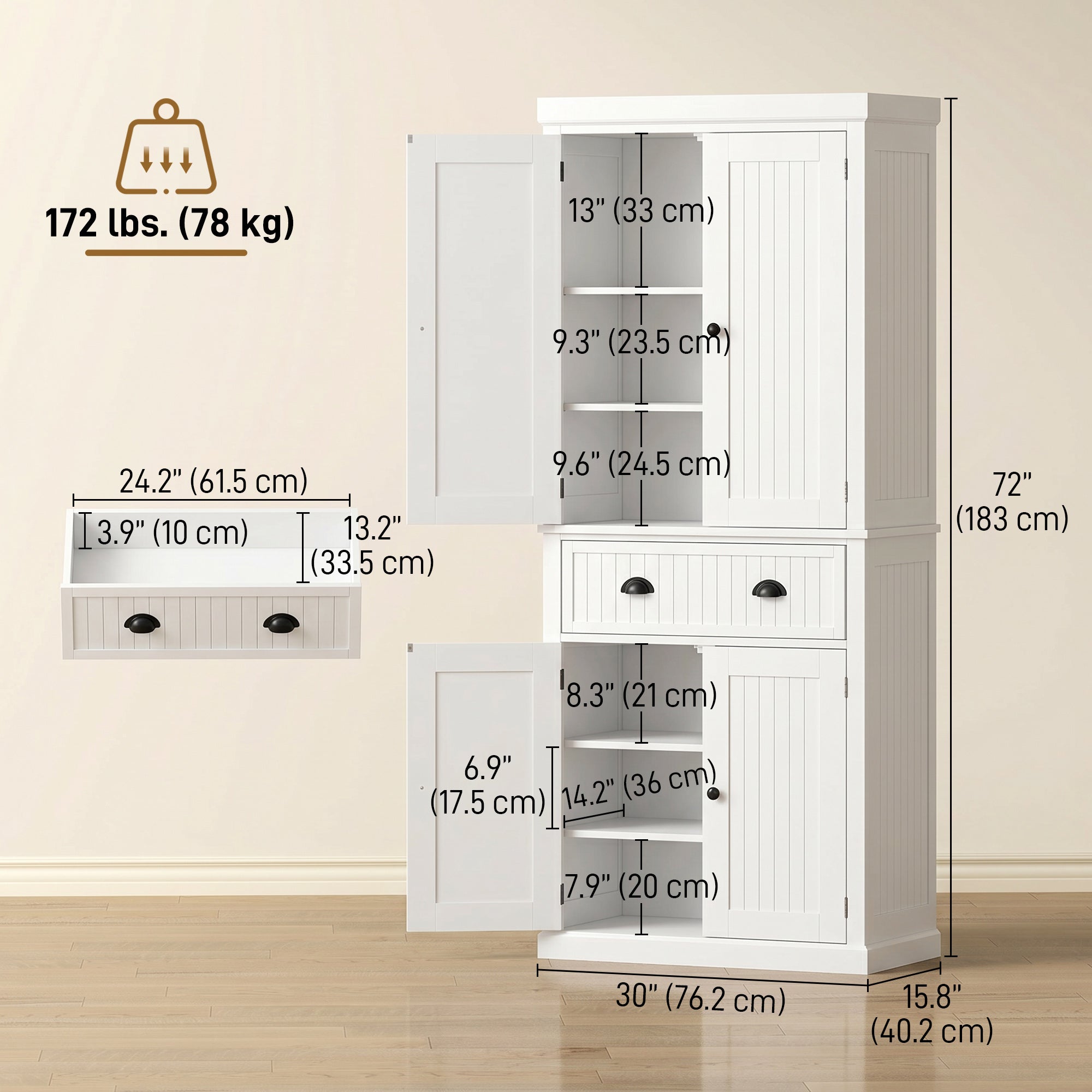 72" Tall Kitchen Pantry Cabinet, Modern Farmhouse Buffet Storage Cabinet with 4 Beadboard Doors, Drawer and Adjustable Shelves, White