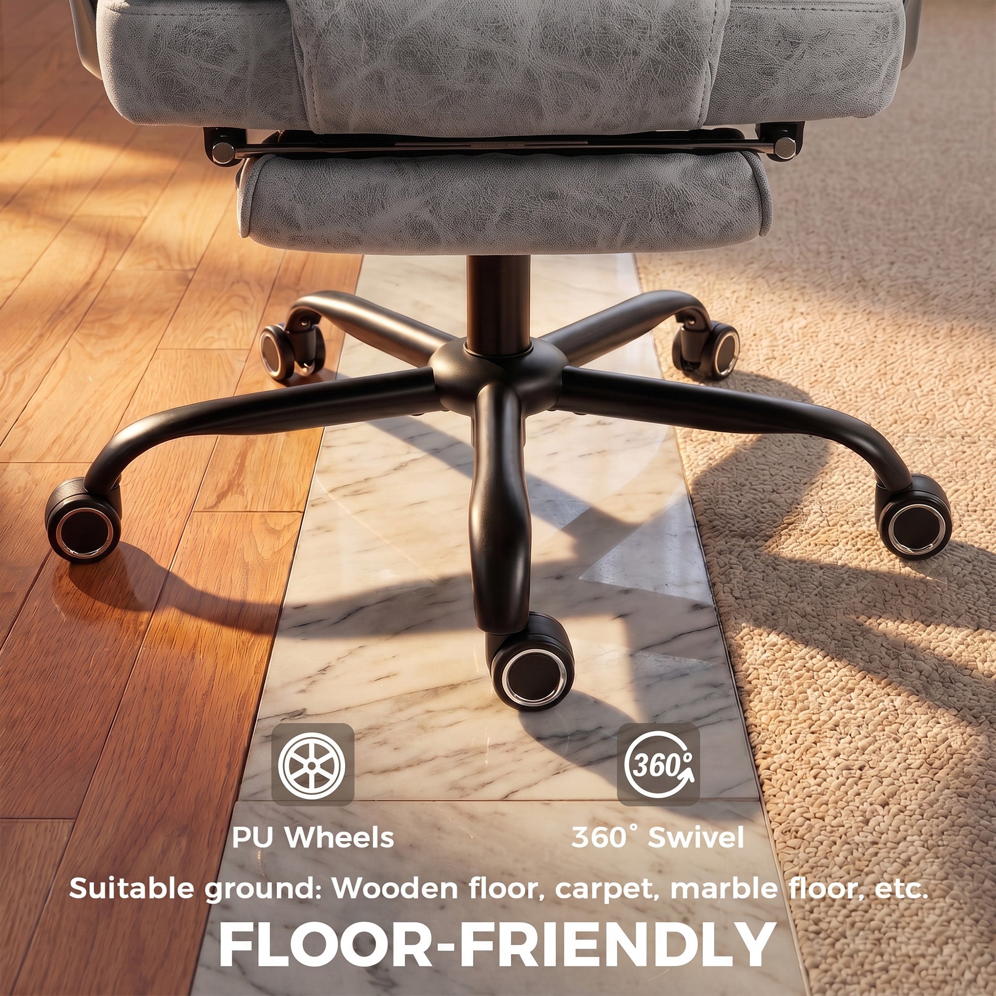 Executive Office Chair with Footrest, 180kg 400lb Big and Tall Leathaire Desk Chair with Wide Seat, Reclining Back, Lumbar Support, Built-in Headrest, Class 4 Gas Lift, Swivel Wheel, Grey