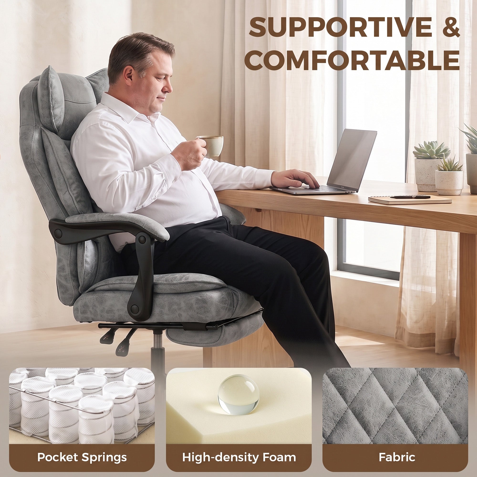 Executive Office Chair with Footrest, 180kg 400lb Big and Tall Leathaire Desk Chair with Wide Seat, Reclining Back, Lumbar Support, Built-in Headrest, Class 4 Gas Lift, Swivel Wheel, Grey