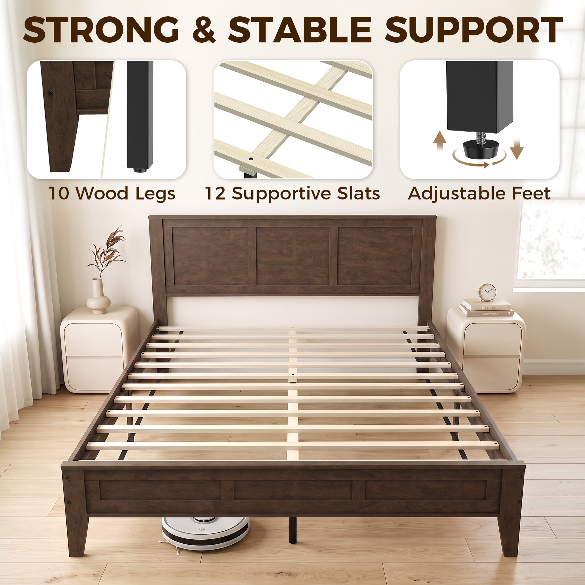Queen Size Wood Platform Bed Frame with Headboard and Footboard, Mid-Century Bed Frame with Slat Support, Mattress Foundation with Under-Bed Storage, No Box Spring Needed, Easy Assembly, Walnut