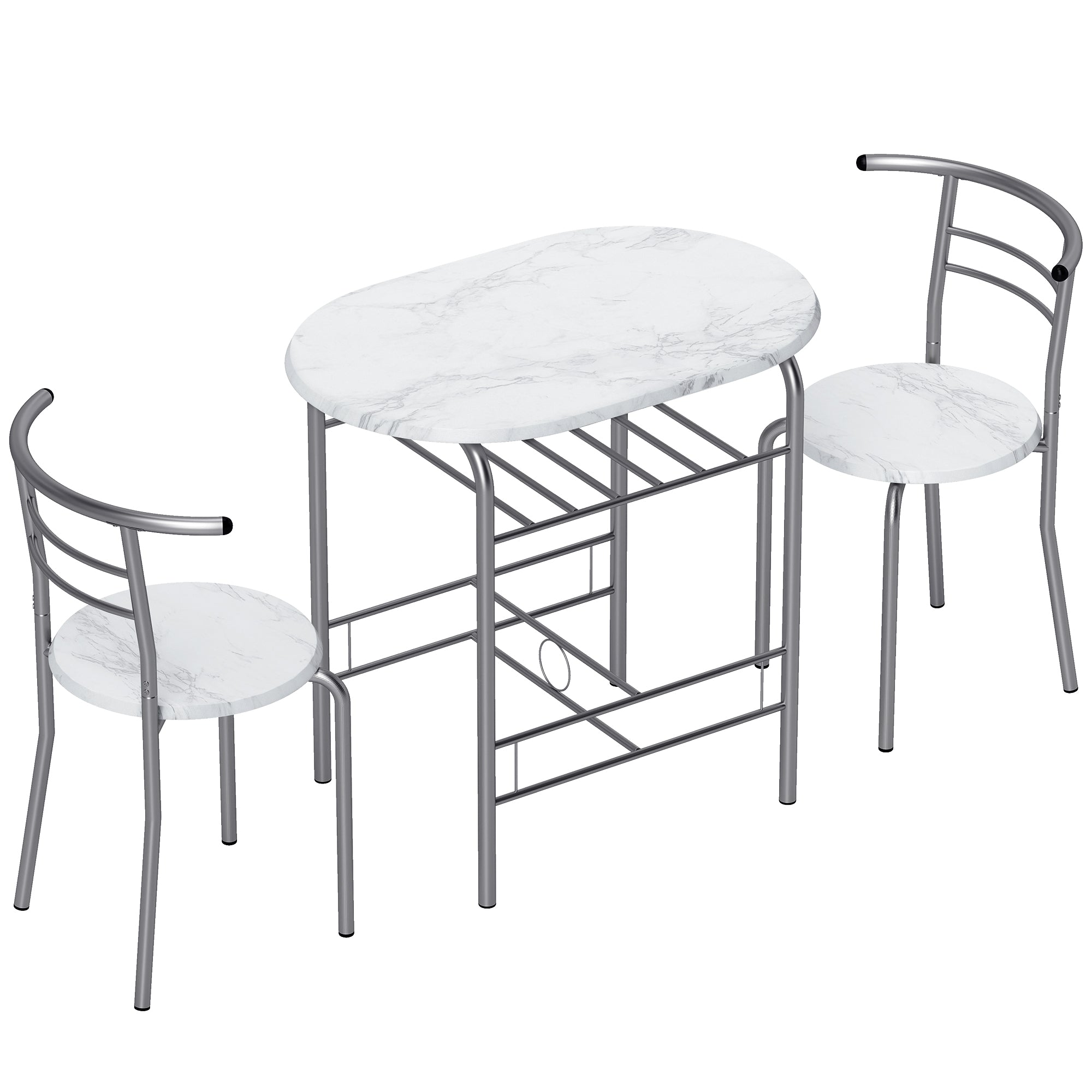 Dining Table and Chairs Set 3, Breakfast Bar Table and 2 Chairs with Storage Shelf, Marble-Effect Tabletop, Metal Frame, Dining Room Set for Living Room, Small Space, White
