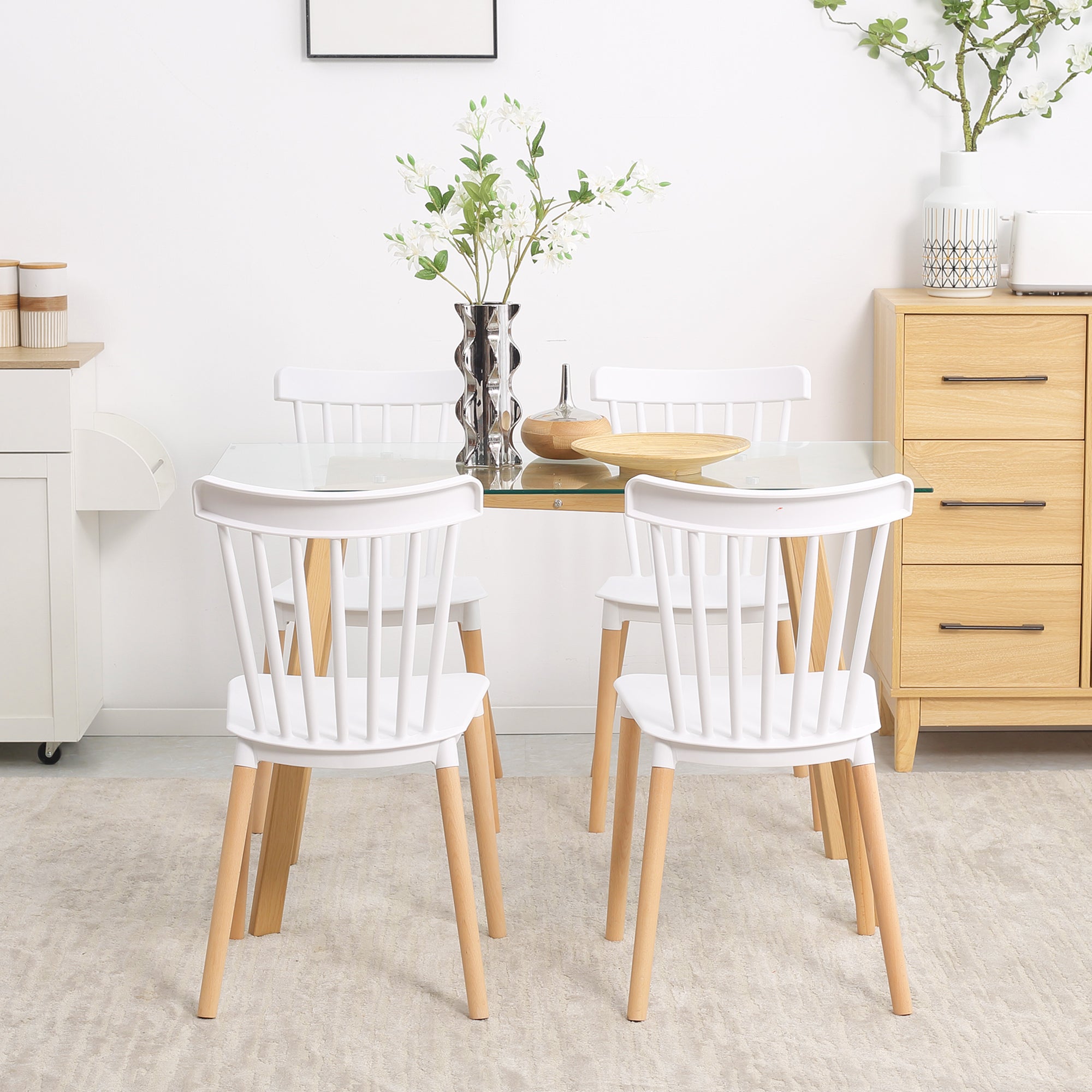 HOMCOM Dining Chairs Set of 4, Modern Accent Chair with Slatted Back, PP Seat & Wooden Legs for Living Room, Kitchen, White