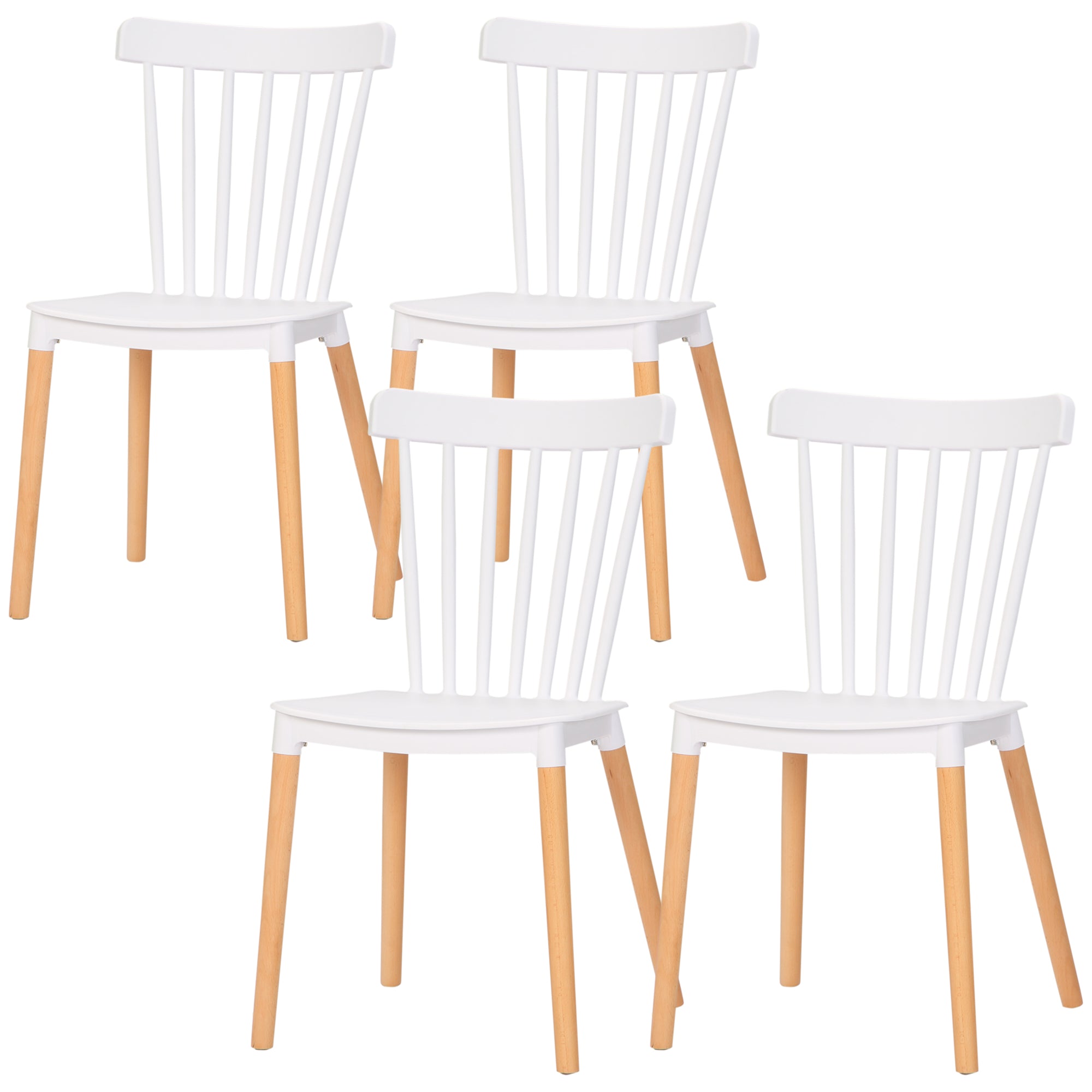 HOMCOM Dining Chairs Set of 4, Modern Accent Chair with Slatted Back, PP Seat & Wooden Legs for Living Room, Kitchen, White