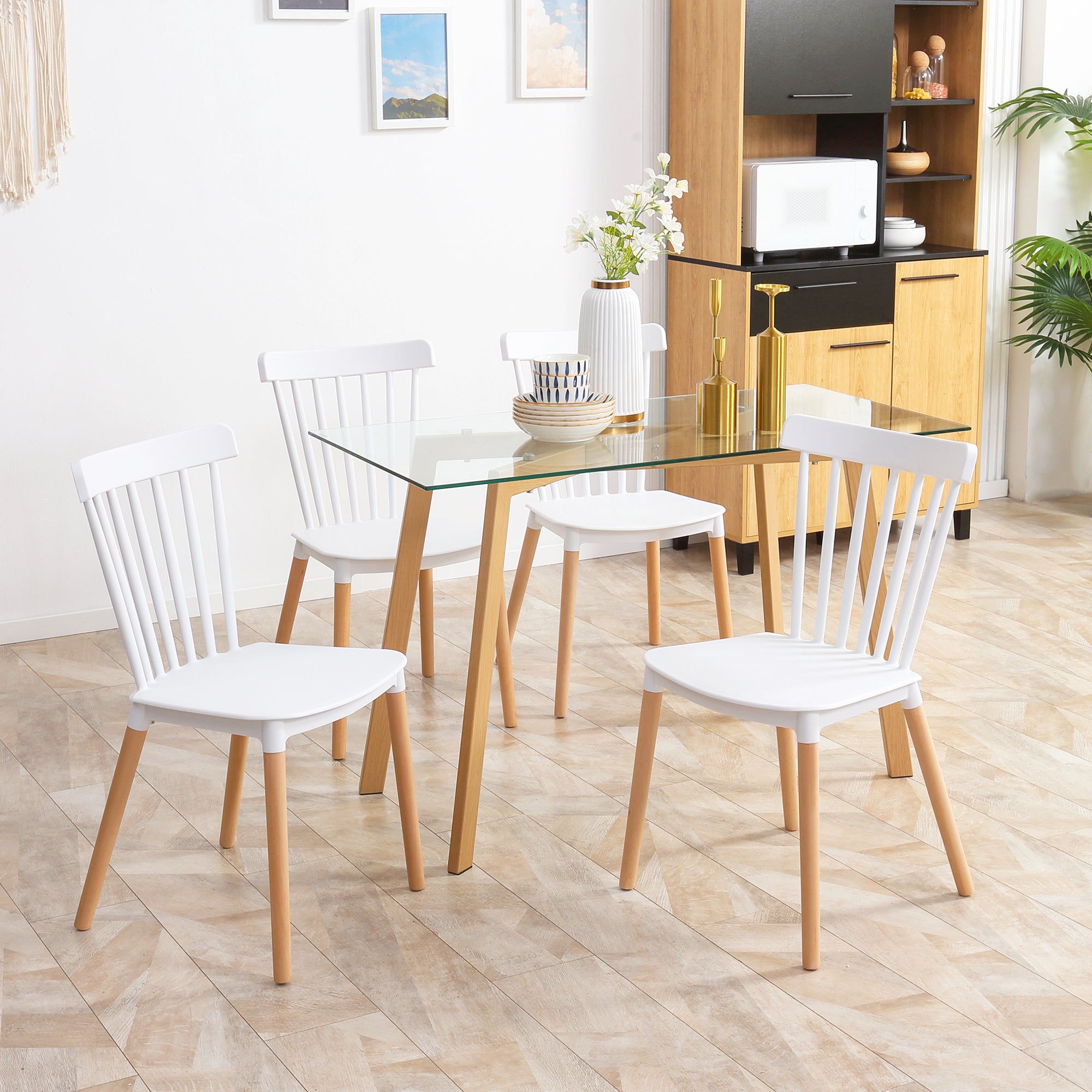 HOMCOM Dining Chairs Set of 4, Modern Accent Chair with Slatted Back, PP Seat & Wooden Legs for Living Room, Kitchen, White