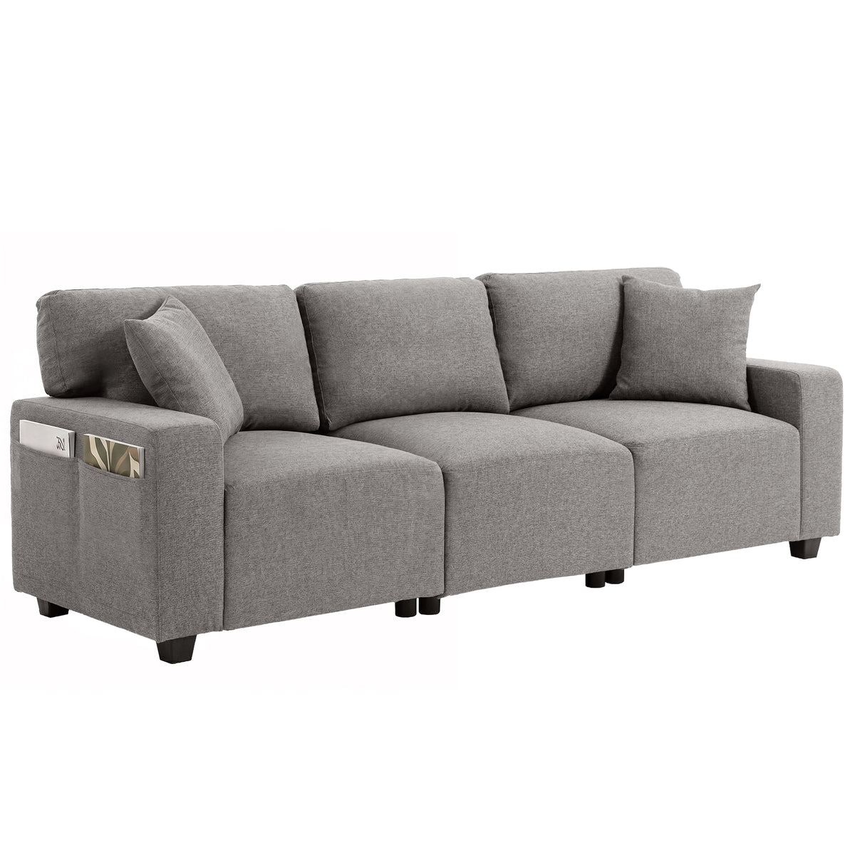 3 Seater Sofa, Linen-Look Fabric Upholstered Small Couch, Modern Sofa Settee with Storage Pockets, Pocket Springs and 2 Pillows for Living Room, Grey