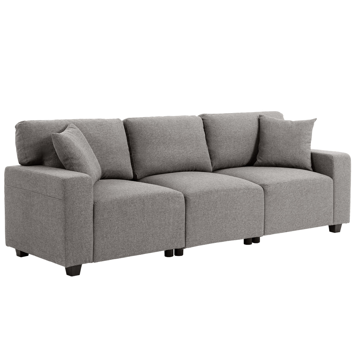 3 Seater Sofa, Linen-Look Fabric Upholstered Small Couch, Modern Sofa Settee with Storage Pockets, Pocket Springs and 2 Pillows for Living Room, Grey