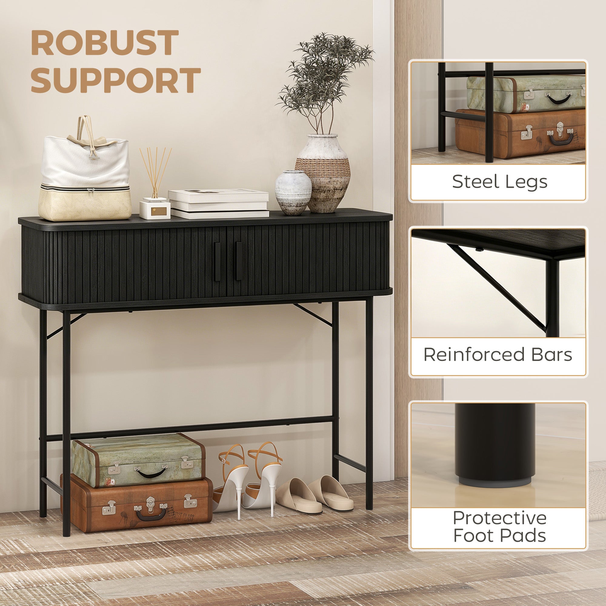 39" Narrow Console Table, Mid-Century Entryway Table with Storage Compartments and Slatted Tambour Swing Doors for Behind Couch, Living Room, Hallway, Black