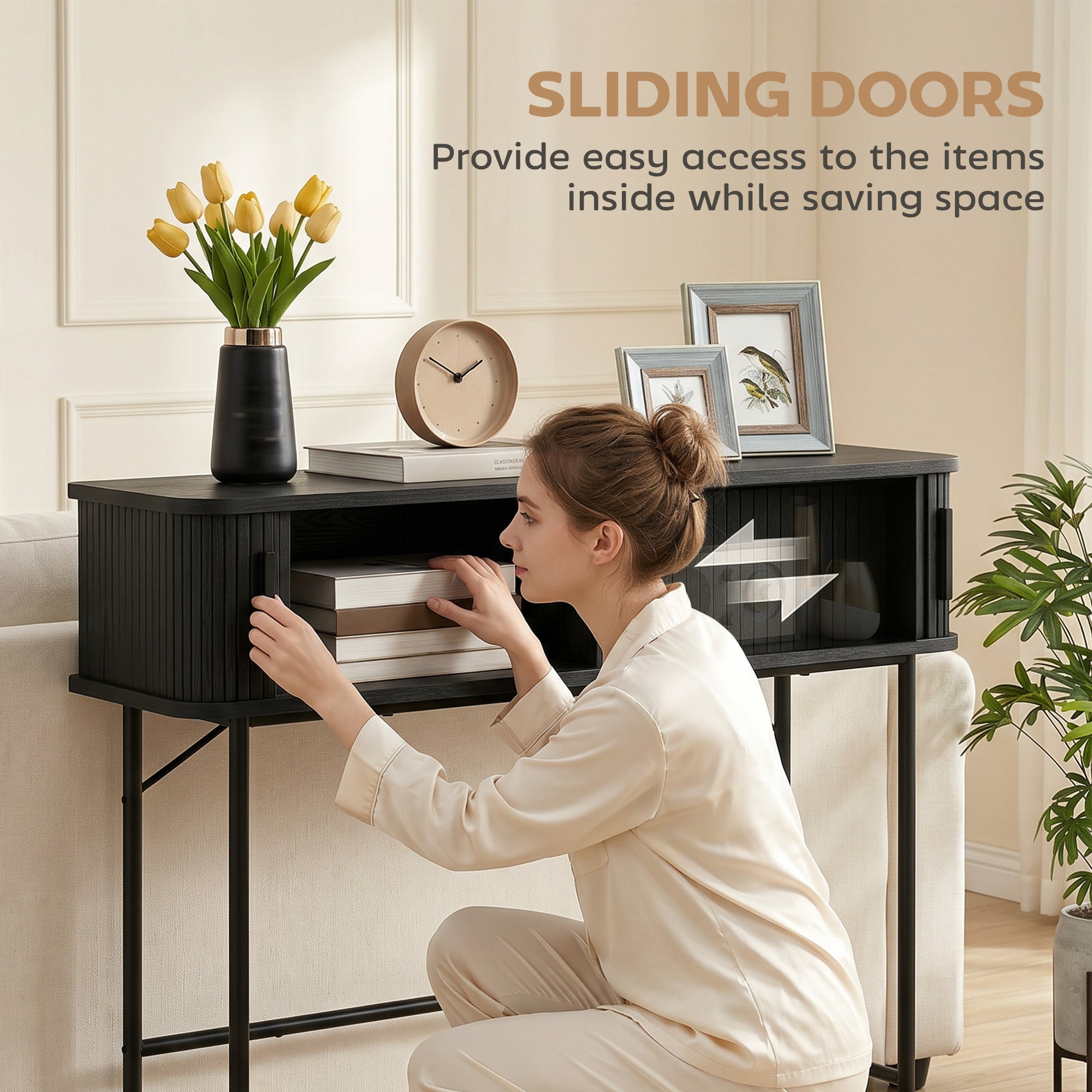 39" Narrow Console Table, Mid-Century Entryway Table with Storage Compartments and Slatted Tambour Swing Doors for Behind Couch, Living Room, Hallway, Black