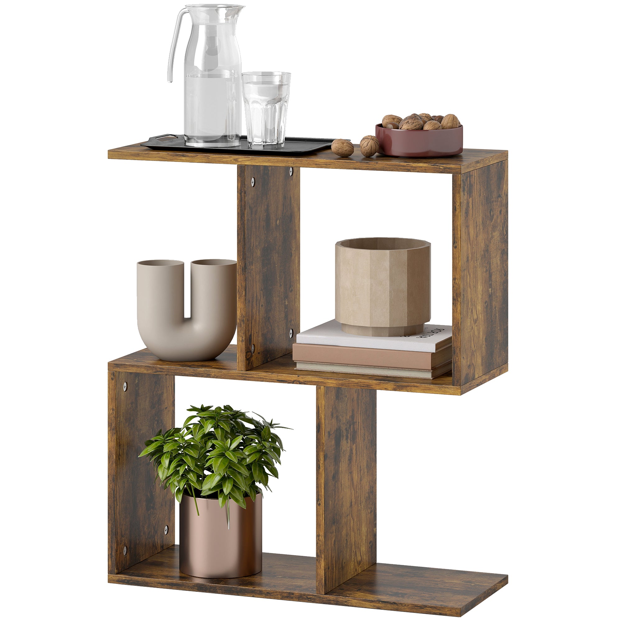 Wood-Grain Finish Side Table, S-Shaped Narrow End Table with 3-Tier Storage Shelves for Living Room, 19.7" W x 7.7" D x 22.8" H, Rustic Brown