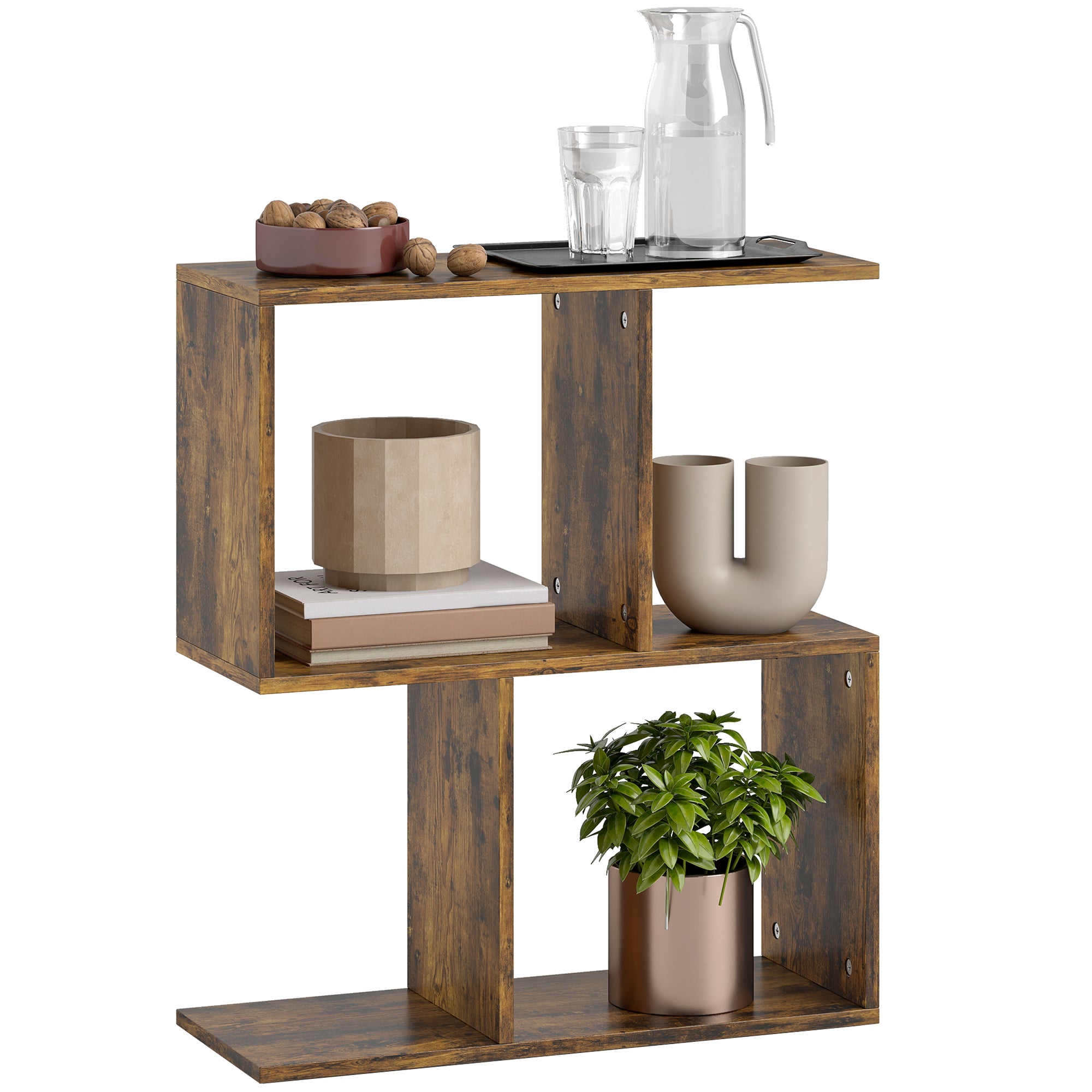 Wood-Grain Finish Side Table, S-Shaped Narrow End Table with 3-Tier Storage Shelves for Living Room, 19.7" W x 7.7" D x 22.8" H, Rustic Brown