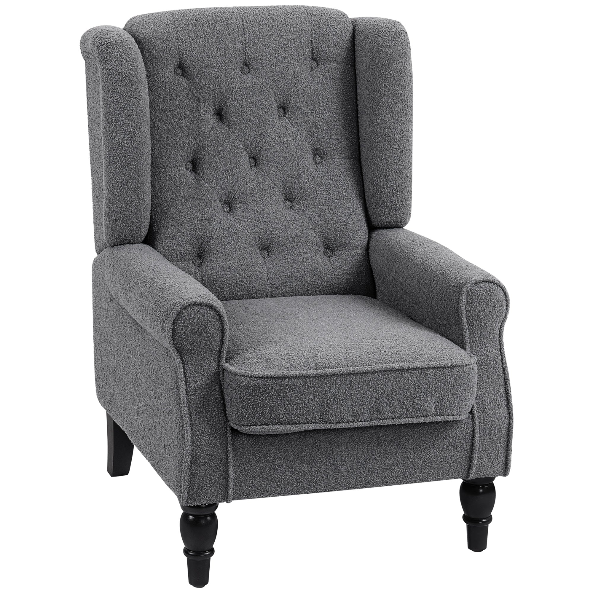 Retro Accent Chair, Teddy Fleece Wingback Armchair with Wood Frame Button Tufted Design for Living Room Bedroom, Charcoal Grey