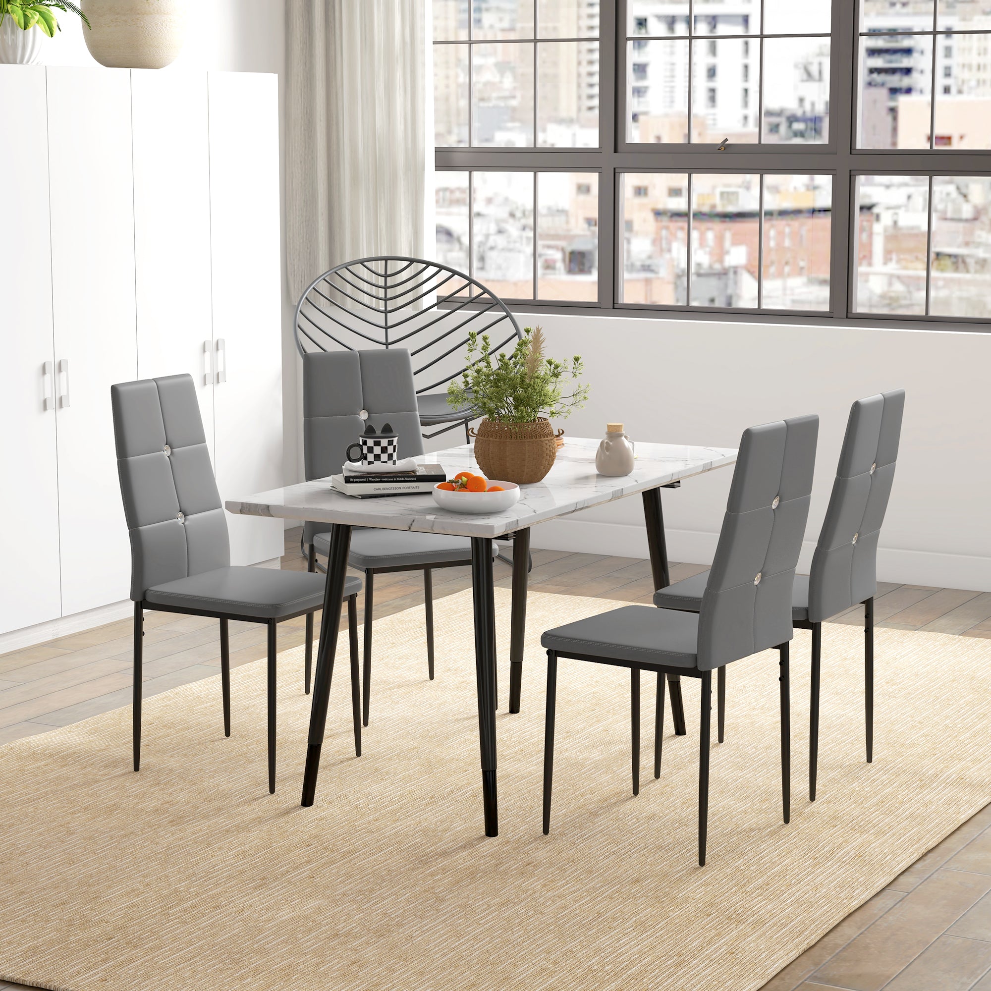 HOMCOM Modern Dining Chairs Set of 4, Upholstered Faux Leather Kitchen Chairs with Crystal Tufting and Metal Legs for Living Room, Dining Room, Bedroom, Grey