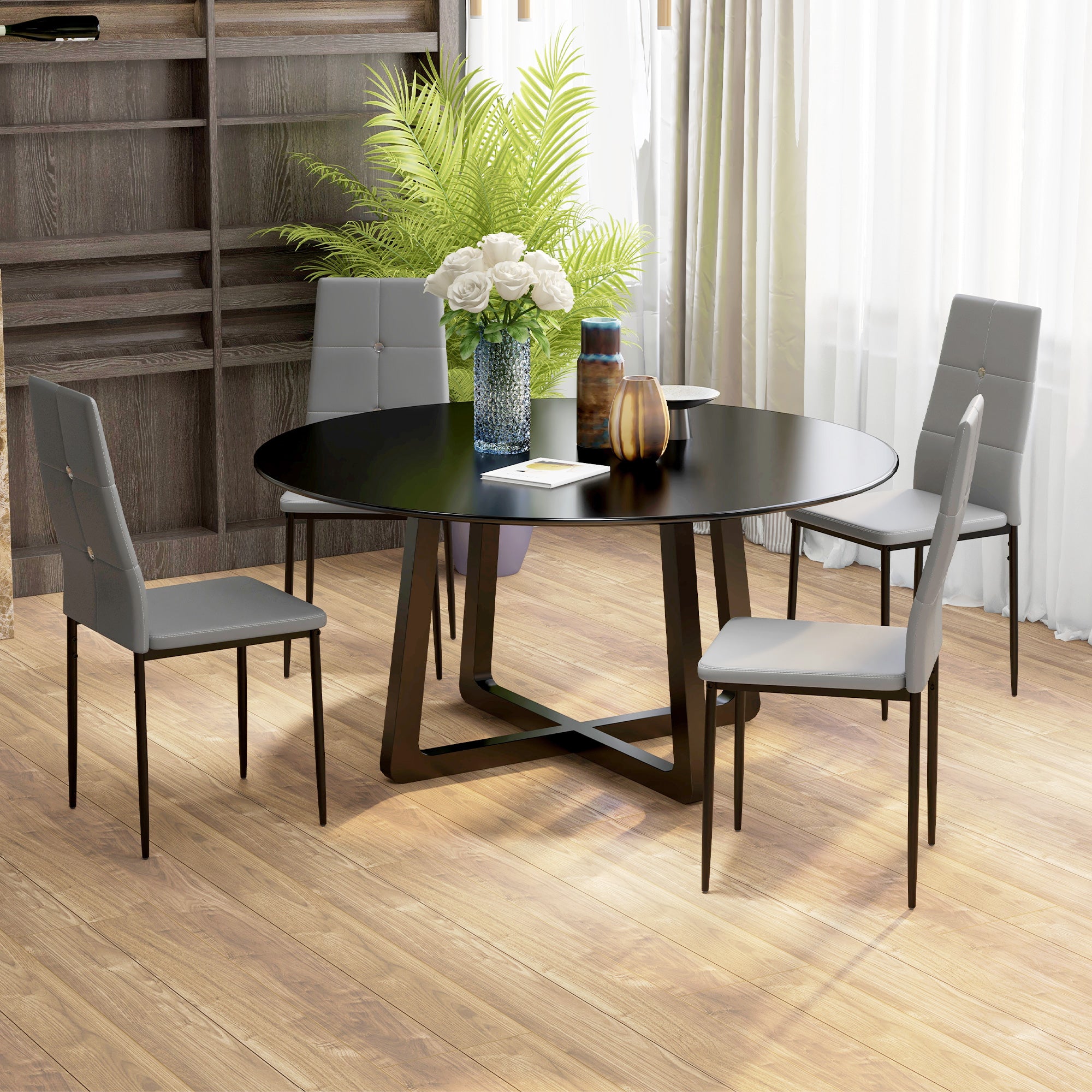 HOMCOM Modern Dining Chairs Set of 4, Upholstered Faux Leather Kitchen Chairs with Crystal Tufting and Metal Legs for Living Room, Dining Room, Bedroom, Grey