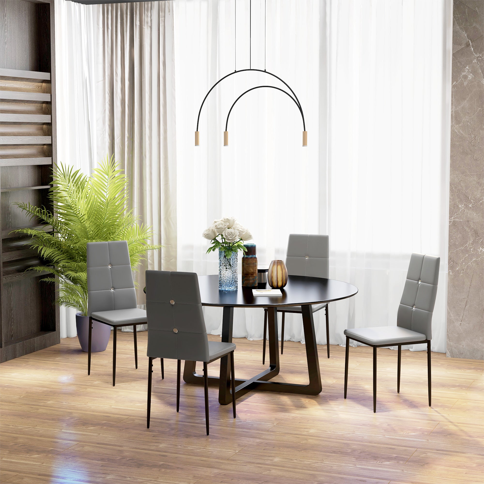 HOMCOM Modern Dining Chairs Set of 4, Upholstered Faux Leather Kitchen Chairs with Crystal Tufting and Metal Legs for Living Room, Dining Room, Bedroom, Grey