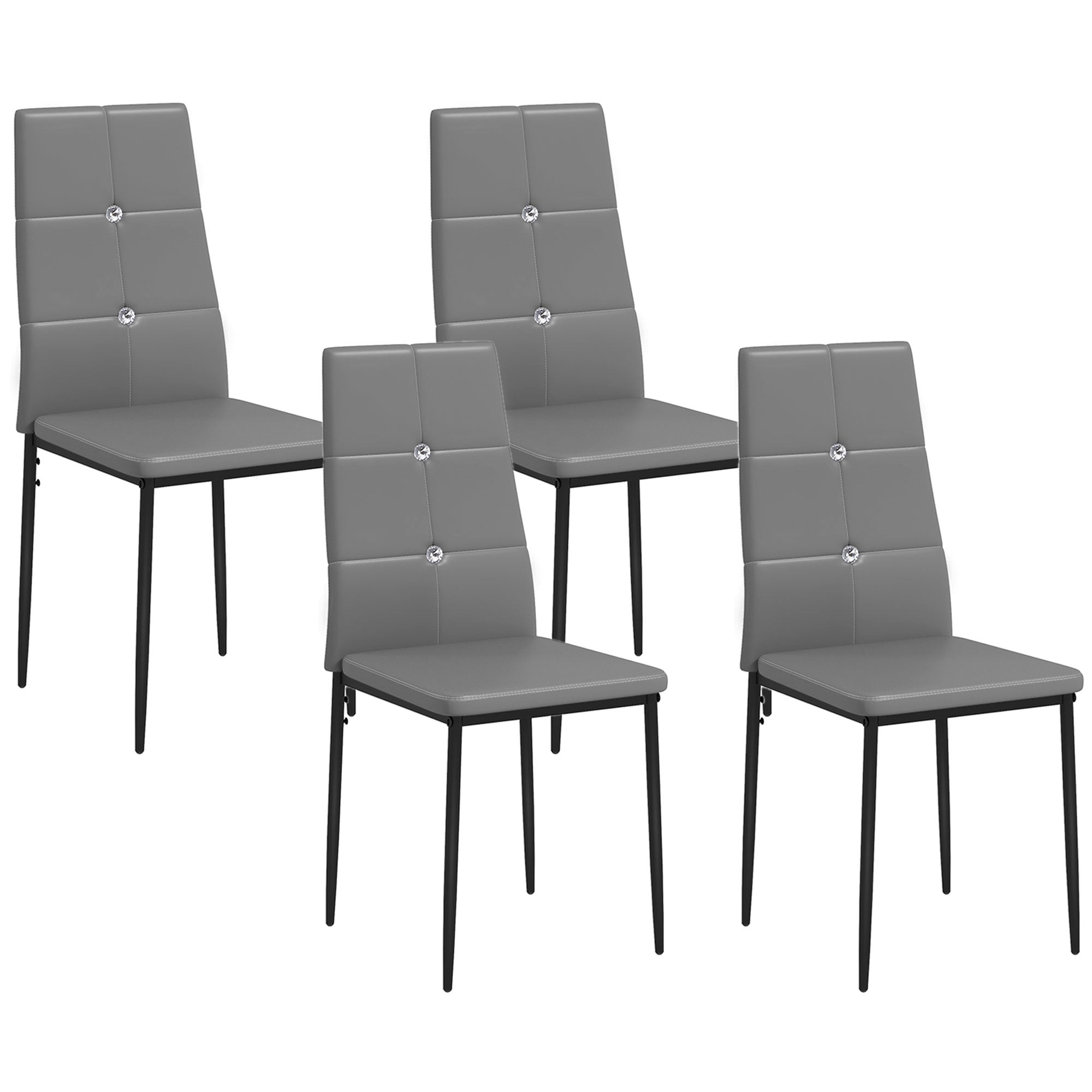 HOMCOM Modern Dining Chairs Set of 4, Upholstered Faux Leather Kitchen Chairs with Crystal Tufting and Metal Legs for Living Room, Dining Room, Bedroom, Grey