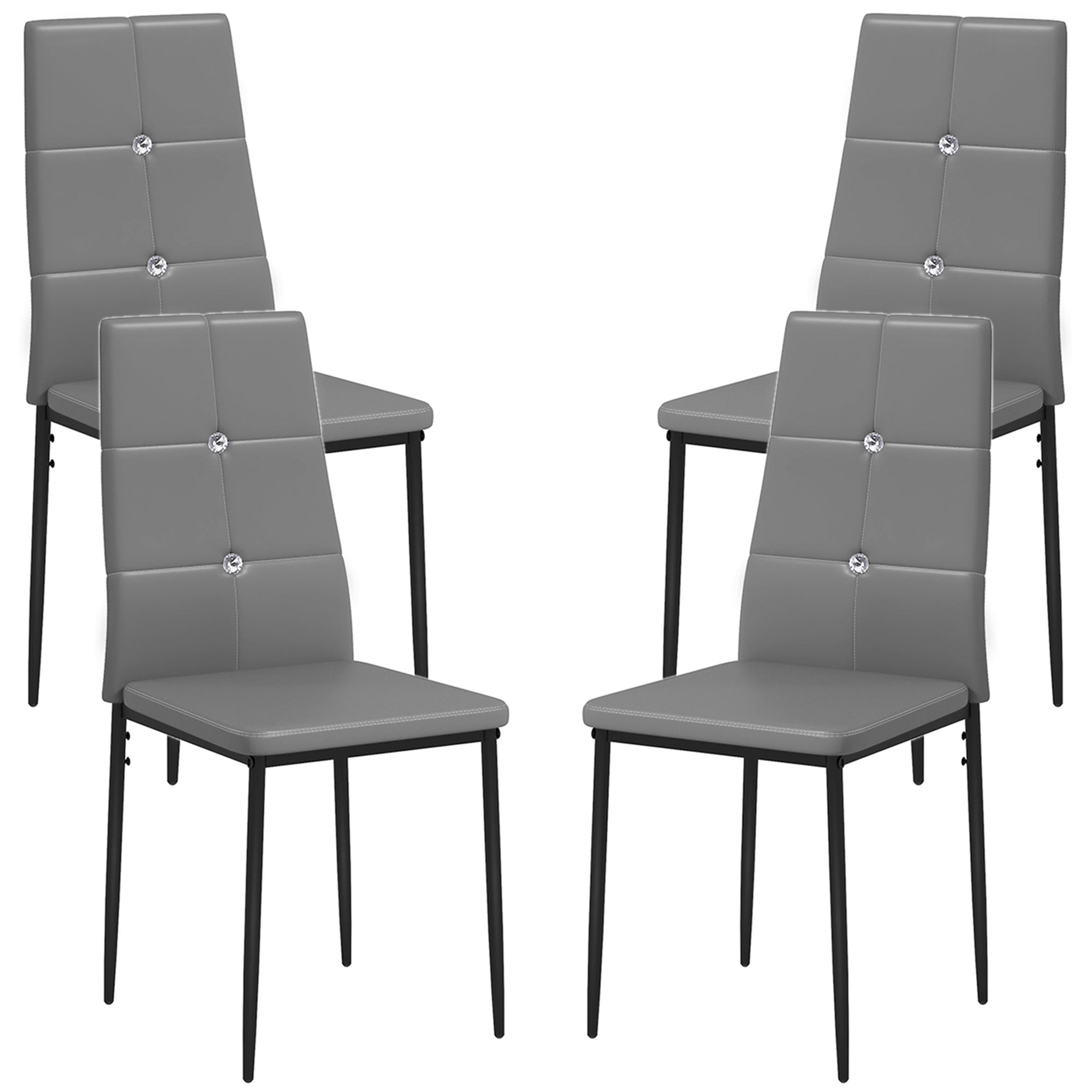 HOMCOM Modern Dining Chairs Set of 4, Upholstered Faux Leather Kitchen Chairs with Crystal Tufting and Metal Legs for Living Room, Dining Room, Bedroom, Grey