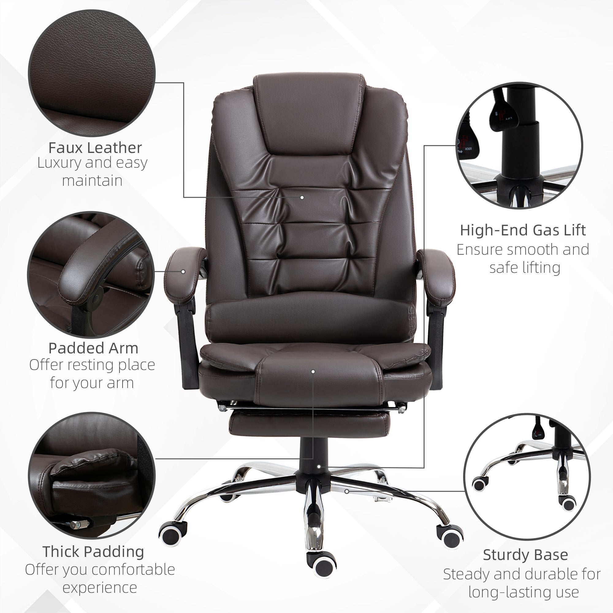 HOMCOM Executive Office Chair High Back PU Leather Reclining Chair with Retractable Footrest Padded Armrest Coffee