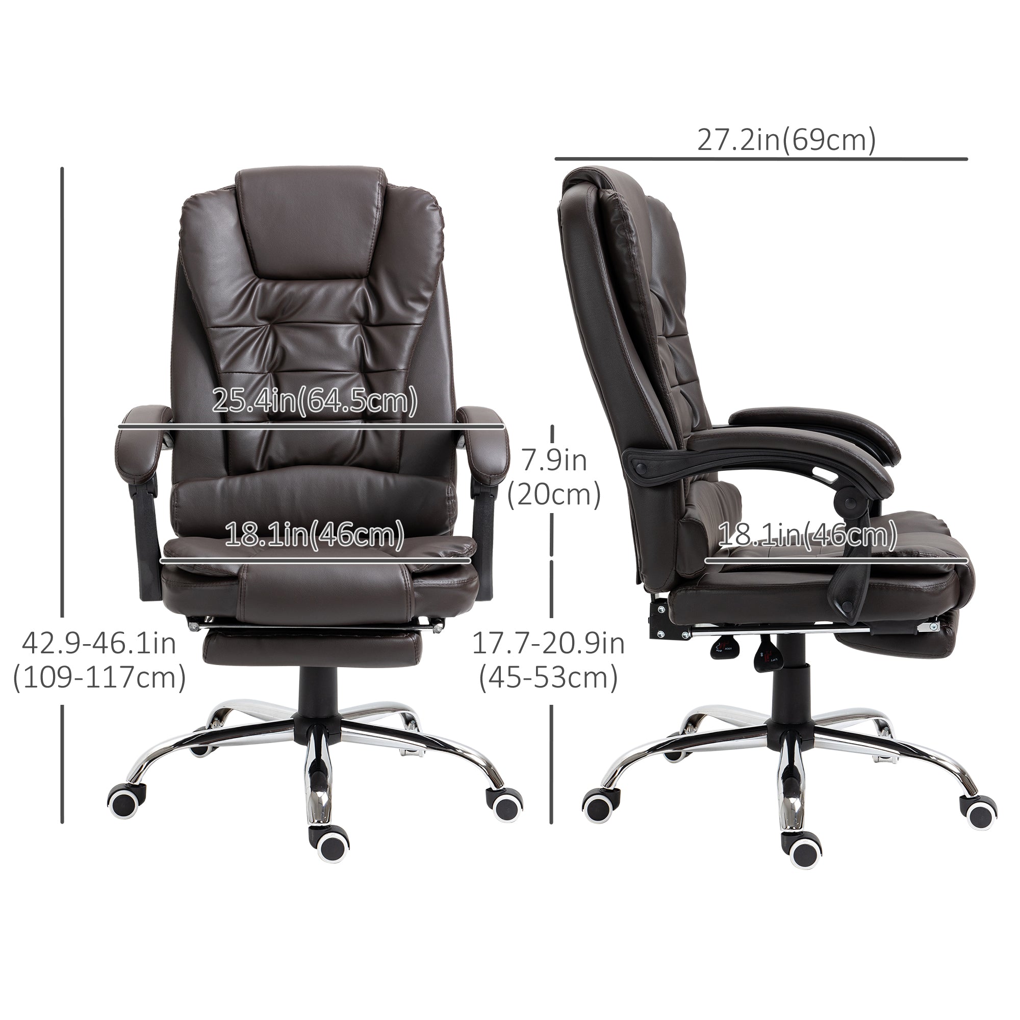 HOMCOM Executive Office Chair High Back PU Leather Reclining Chair with Retractable Footrest Padded Armrest Coffee