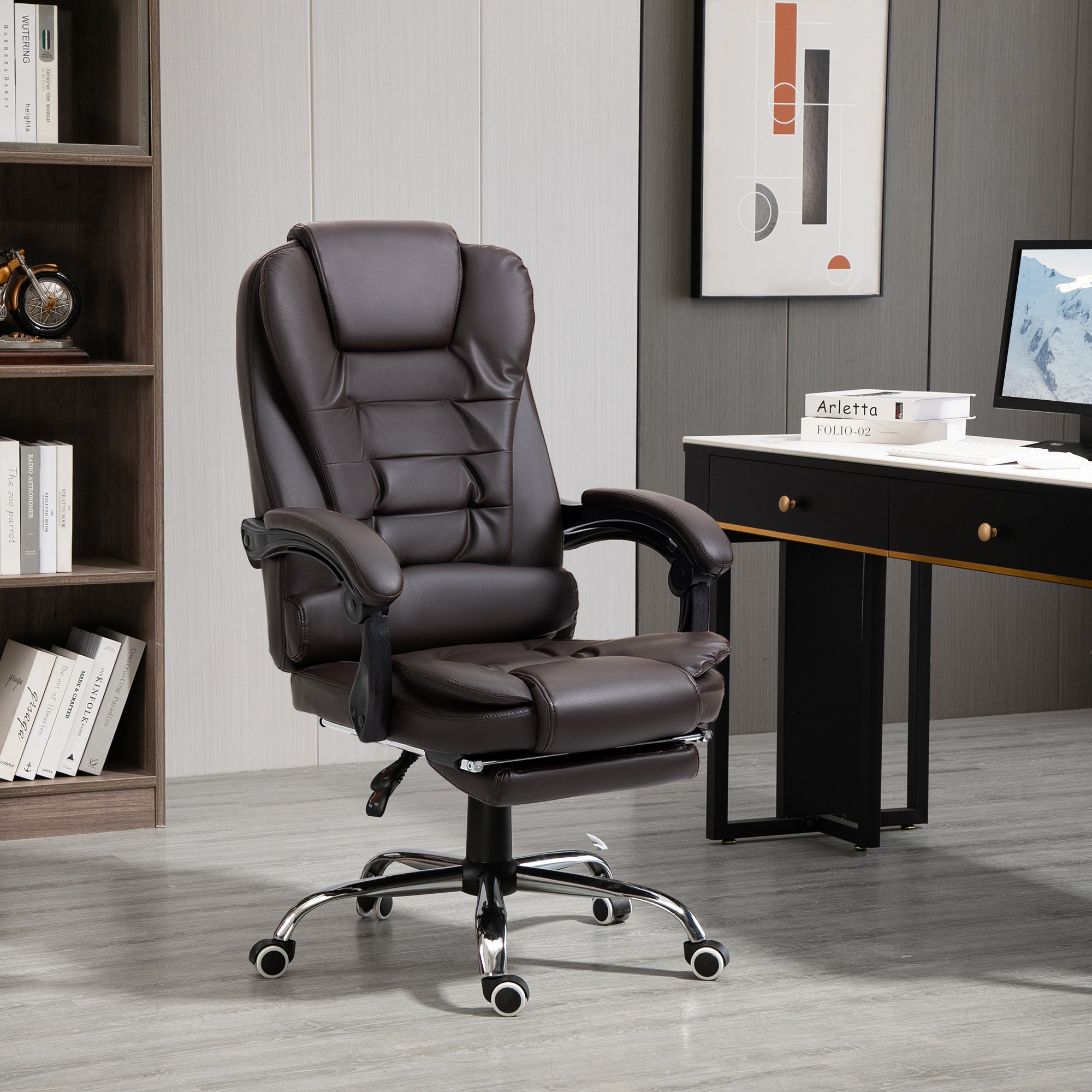 HOMCOM Executive Office Chair High Back PU Leather Reclining Chair with Retractable Footrest Padded Armrest Coffee