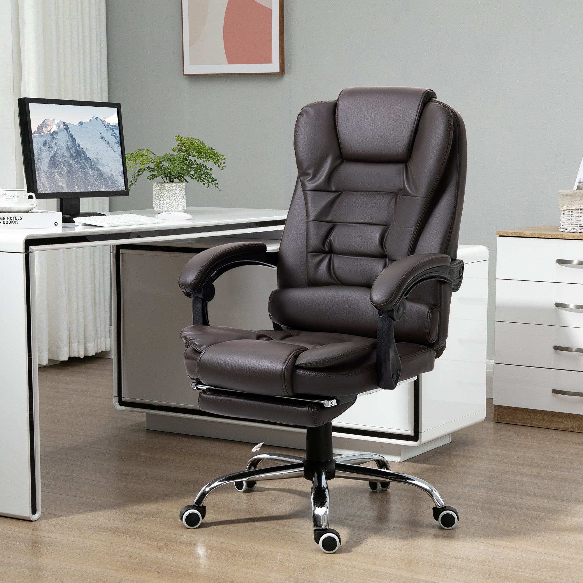 HOMCOM Executive Office Chair High Back PU Leather Reclining Chair with Retractable Footrest Padded Armrest Coffee