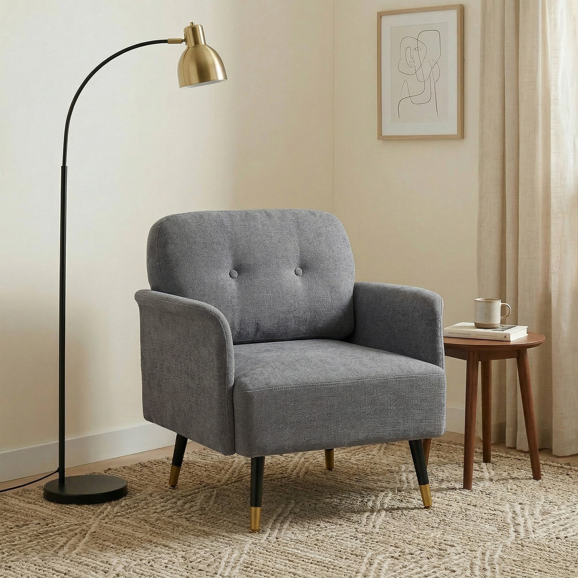 Modern Button Tufted Accent Chair, Upholstered Armchair, Living Room Chair with Thick Cushion and Metal Legs, Grey